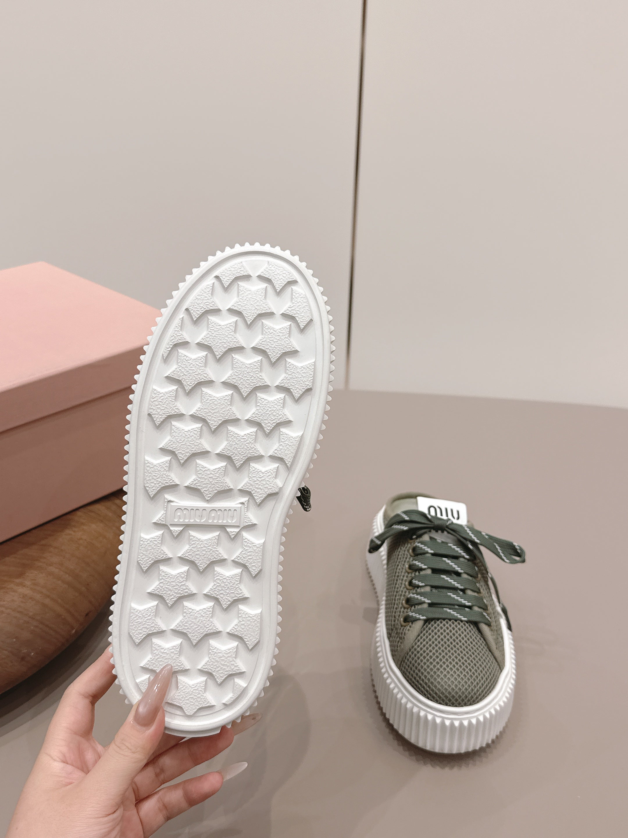 Miu Flatform Sneaker Mules Olive Mesh 738381