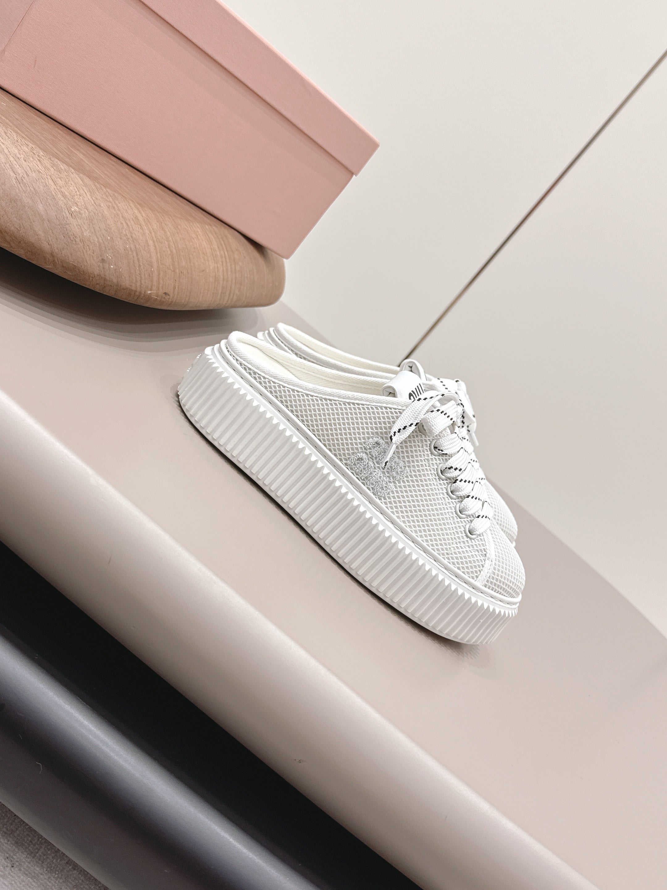 Miu Flatform Sneaker Mules White Mesh 738383