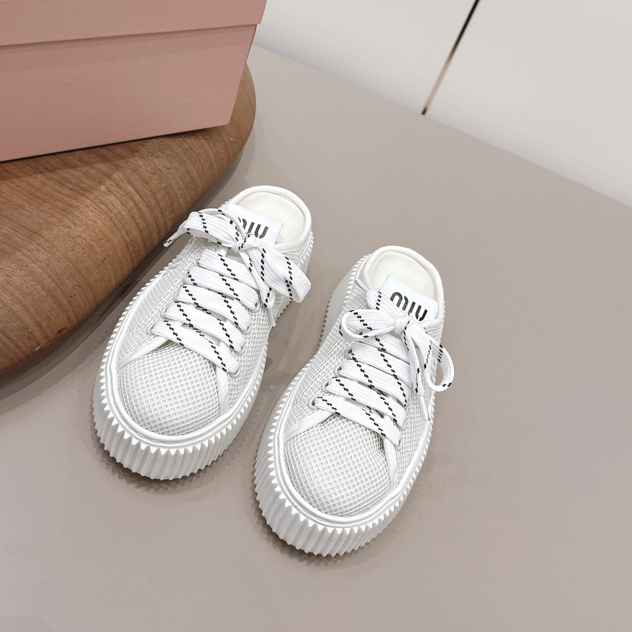 Miu Flatform Sneaker Mules White Mesh 738383