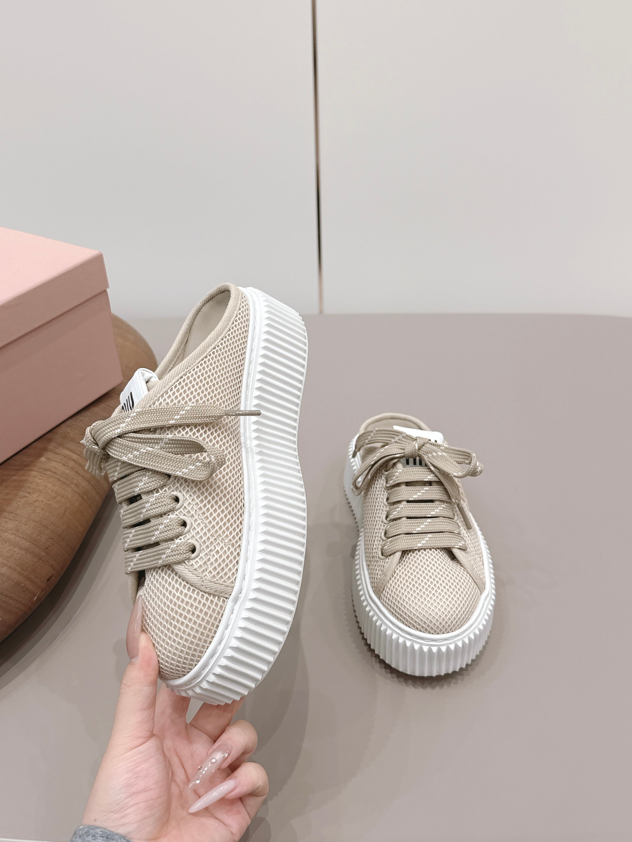 Miu Flatform Sneaker Mules Light Taupe Mesh 738382