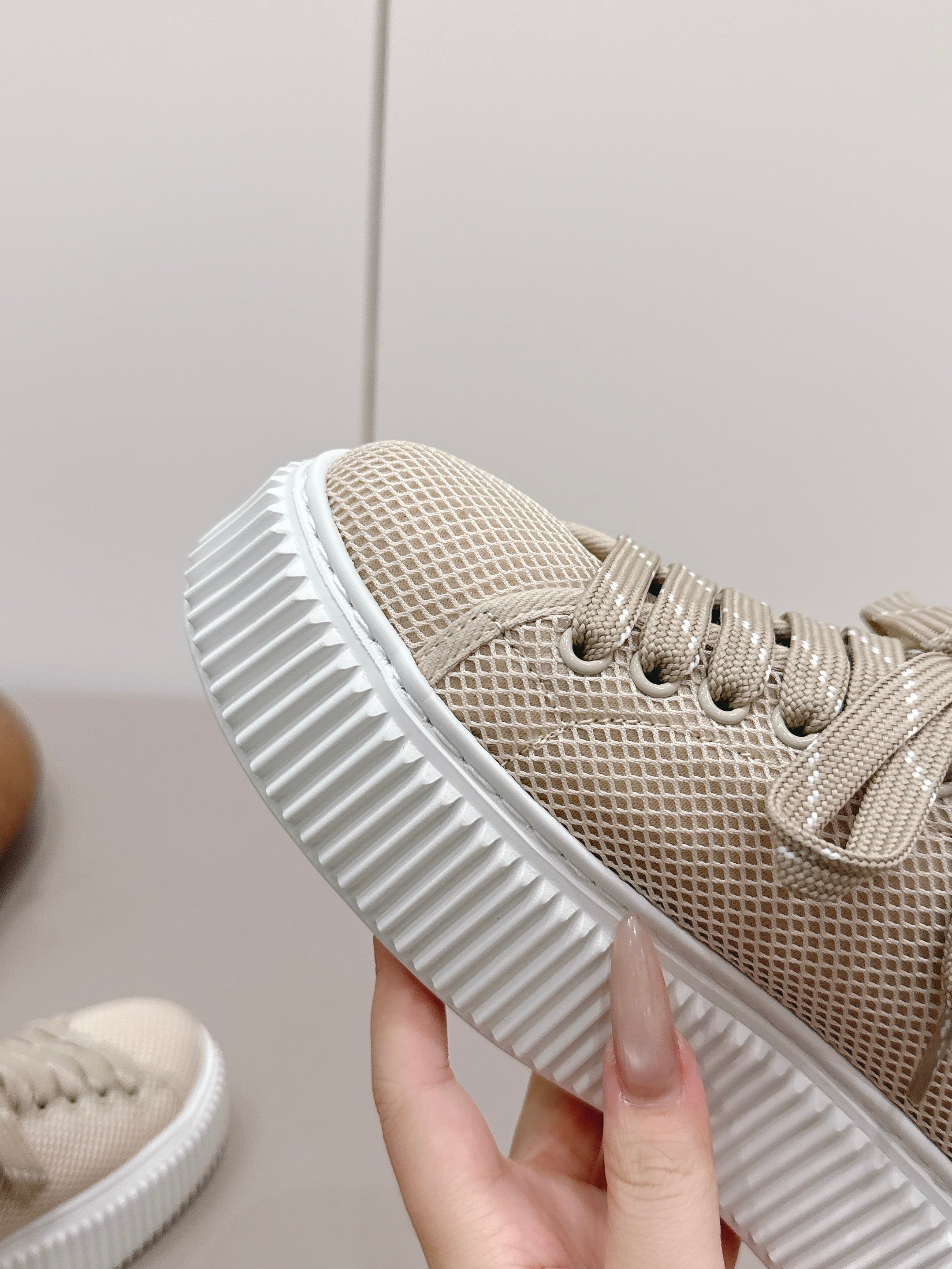 Miu Flatform Sneaker Mules Light Taupe Mesh 738382