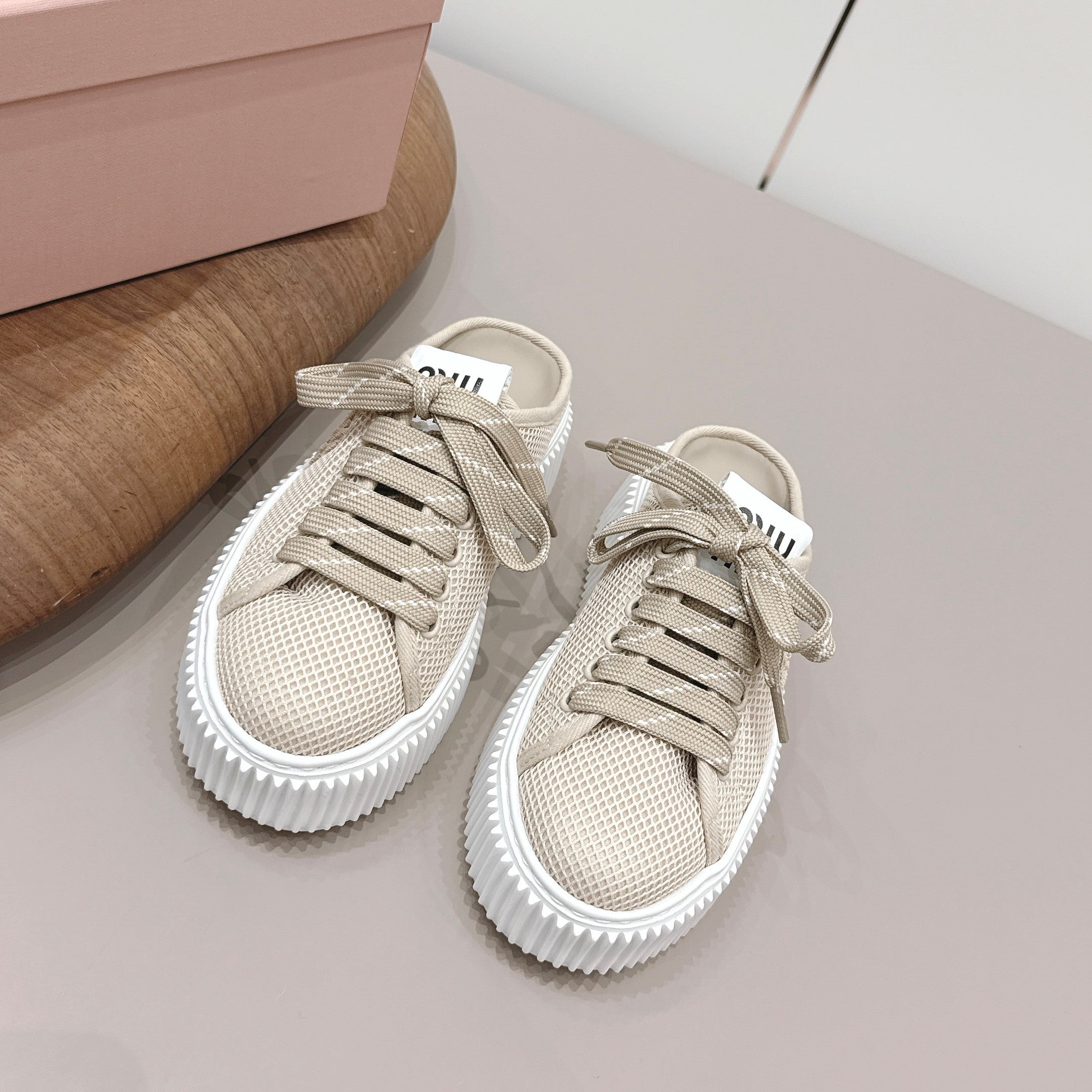 Miu Flatform Sneaker Mules Light Taupe Mesh 738382