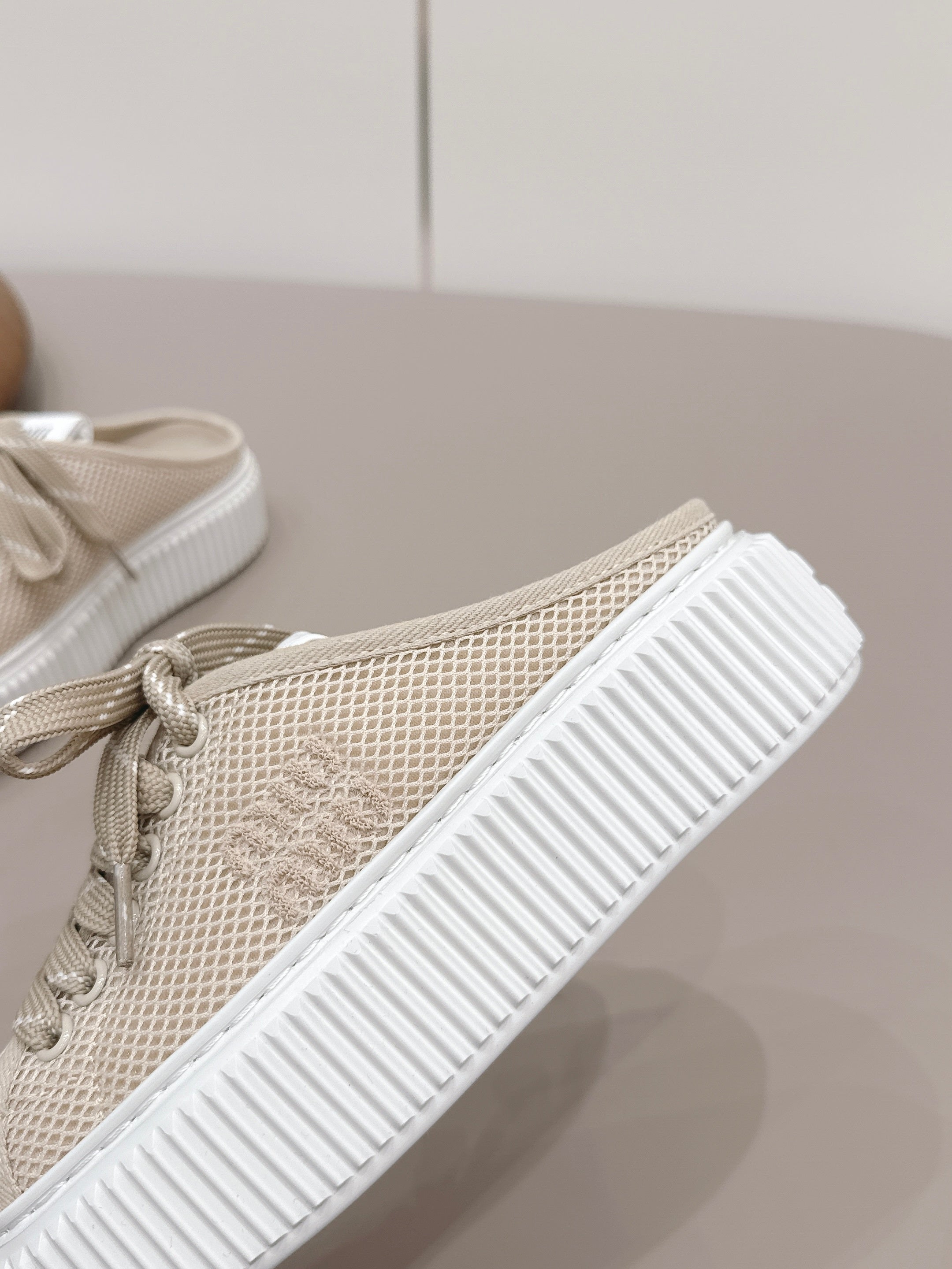 Miu Flatform Sneaker Mules Light Taupe Mesh 738382