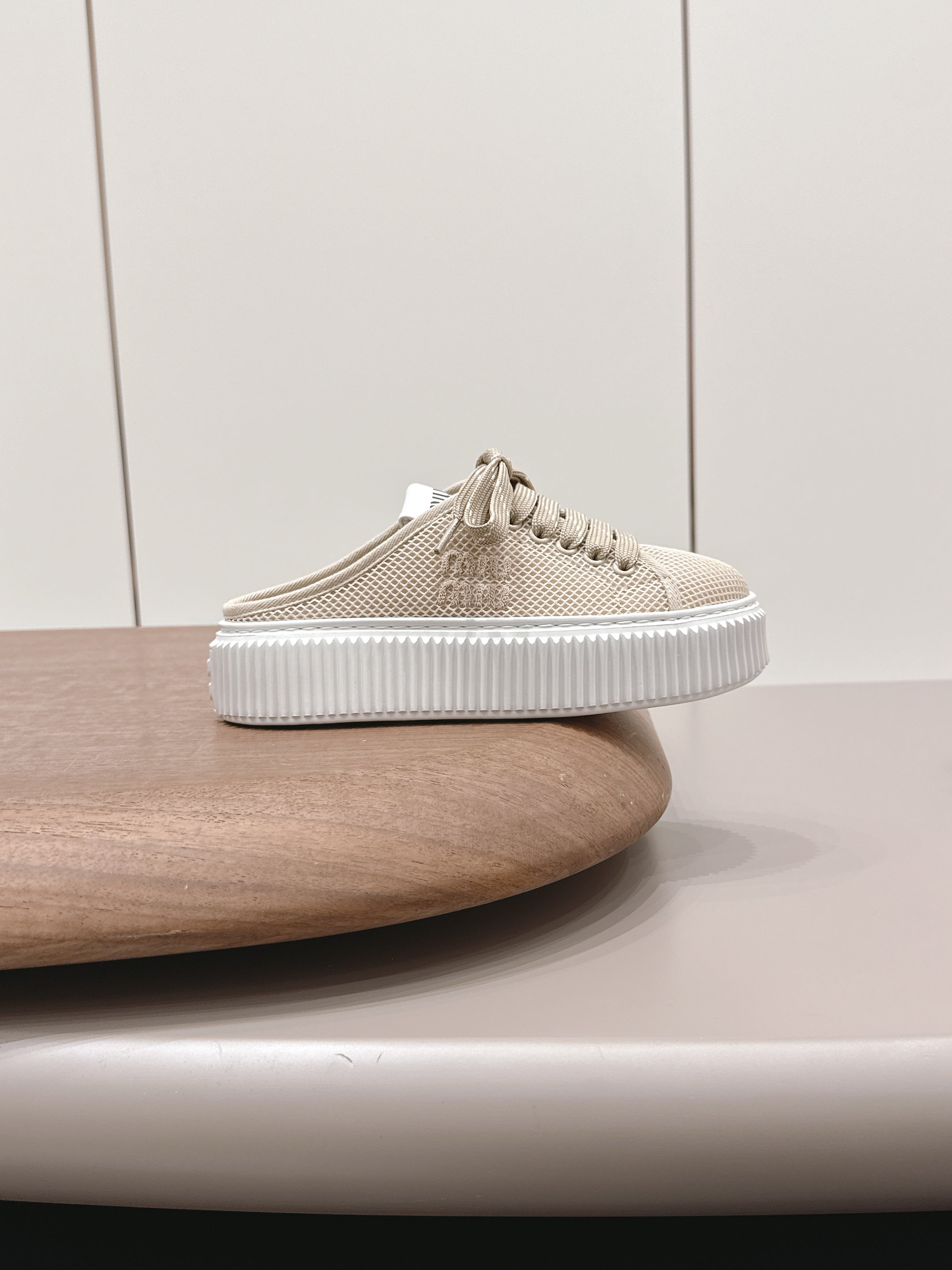 Miu Flatform Sneaker Mules Light Taupe Mesh 738382