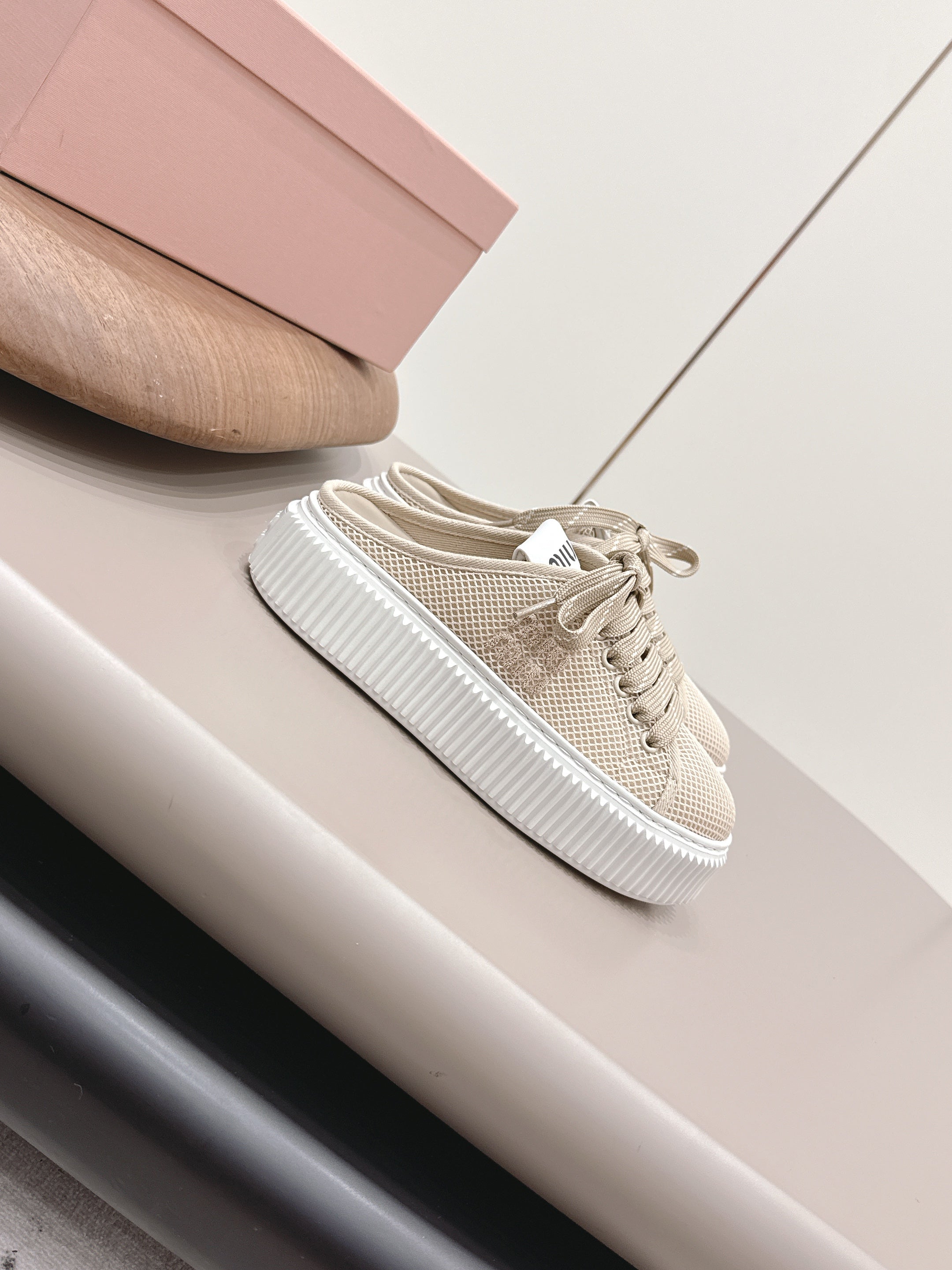 Miu Flatform Sneaker Mules Light Taupe Mesh 738382