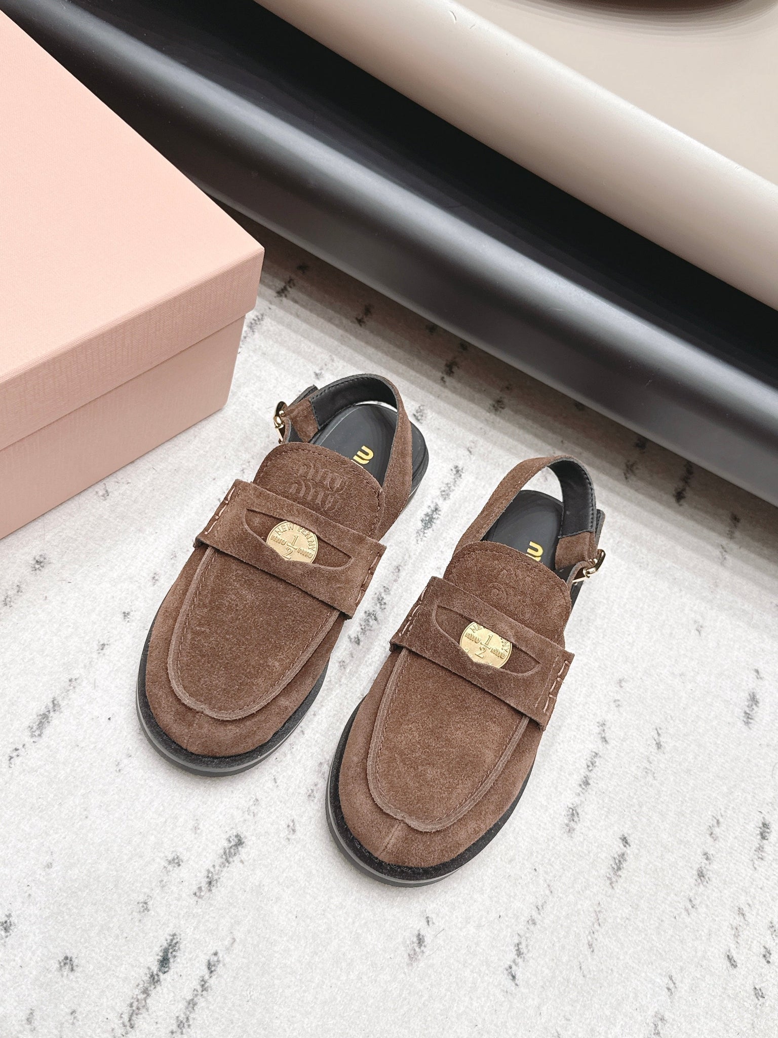 Miumiu 26s Penny Slingback Loafers In Dark Brown Suede Gold Hardware