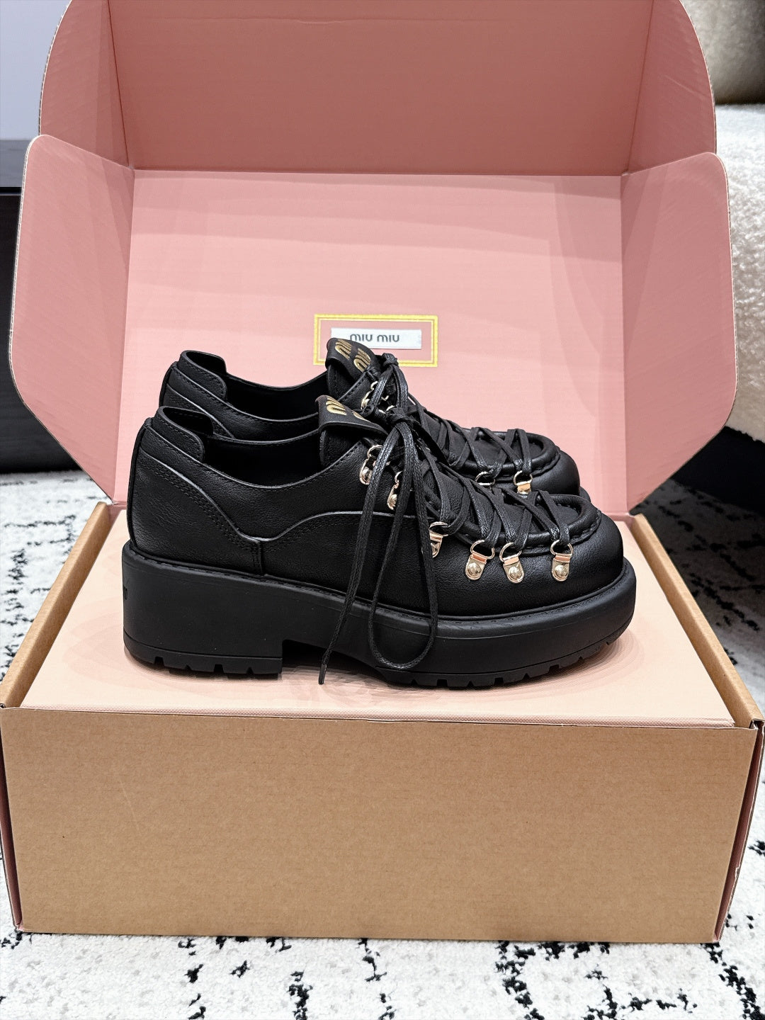 Miu Miu 26s Lace-up Loafers Black Leather 144418