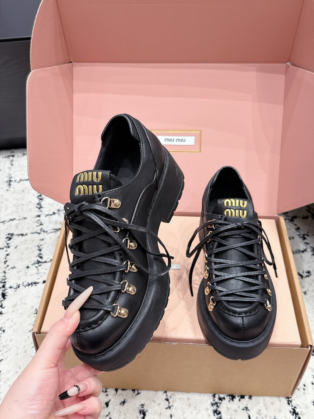Miu Miu 26s Lace-up Loafers Black Leather 144418