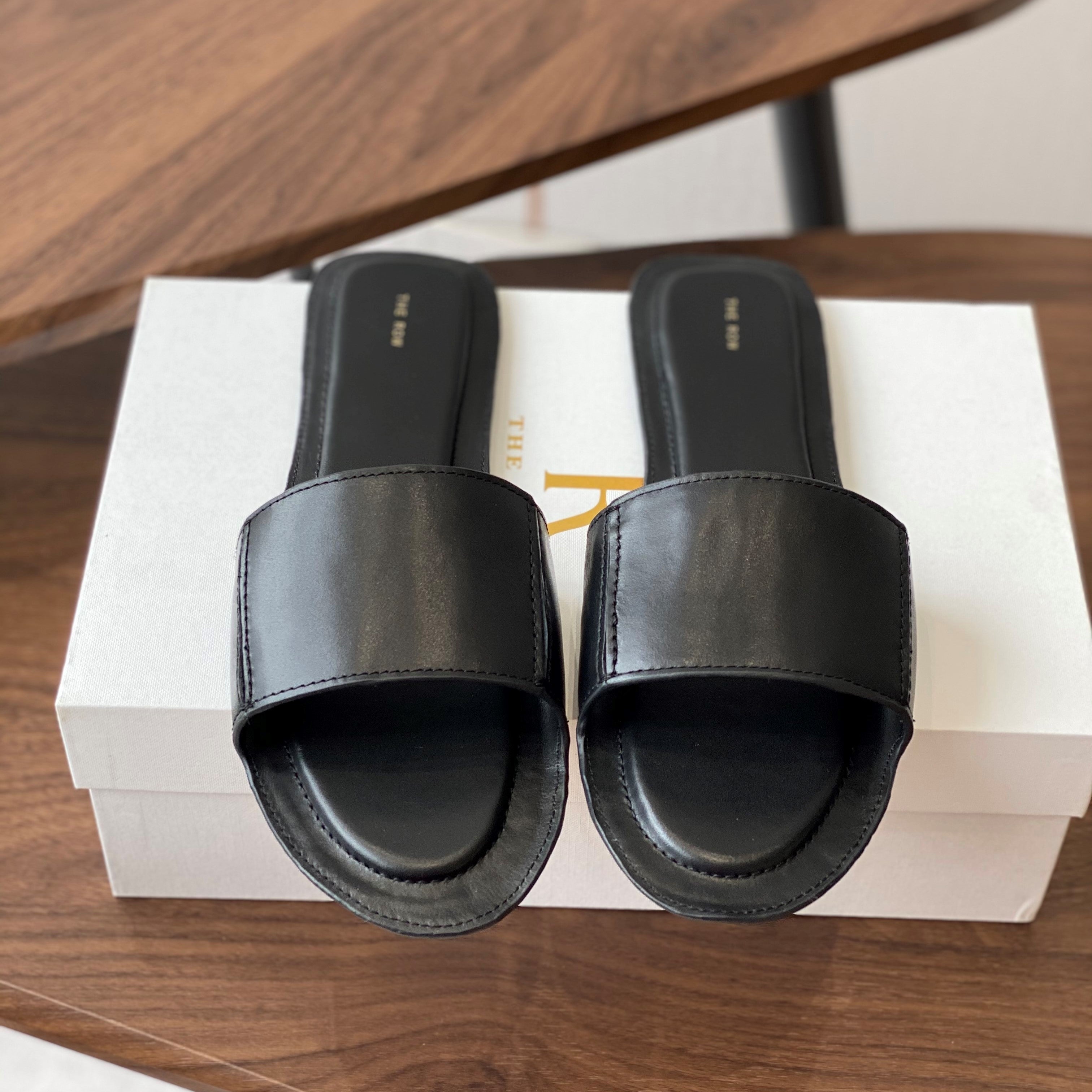 The Row Sara Strap Slide Sandal Black Cowhide 330806