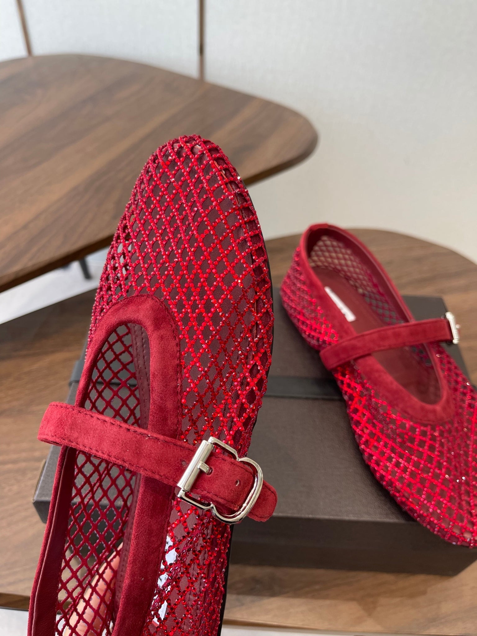 Alaia 26s Mesh Flats In Dark Red Suede Rhinestone-Embellished