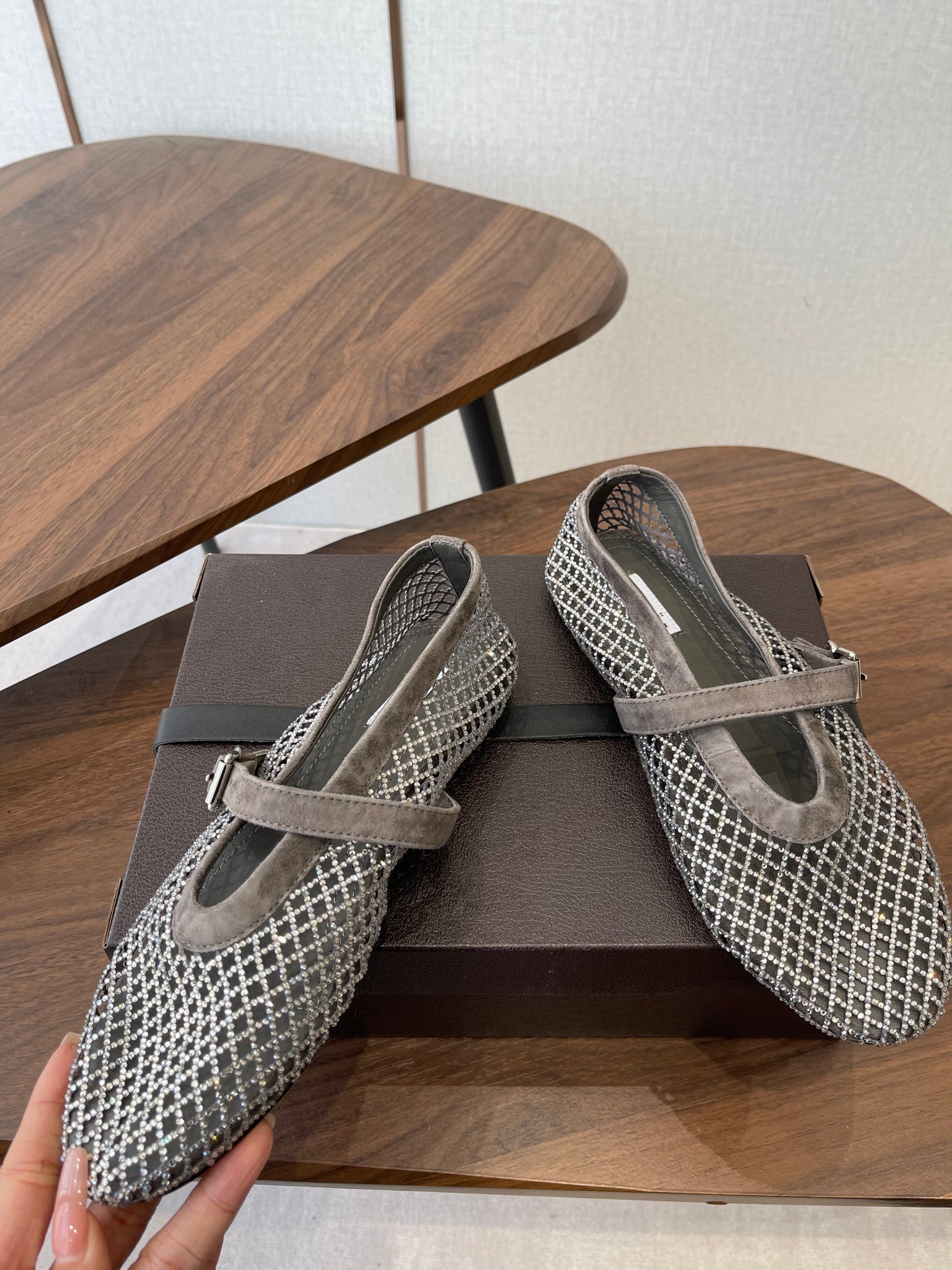 Alaia 26s Mesh Flats In Brown Grey Suede Rhinestone-Embellished