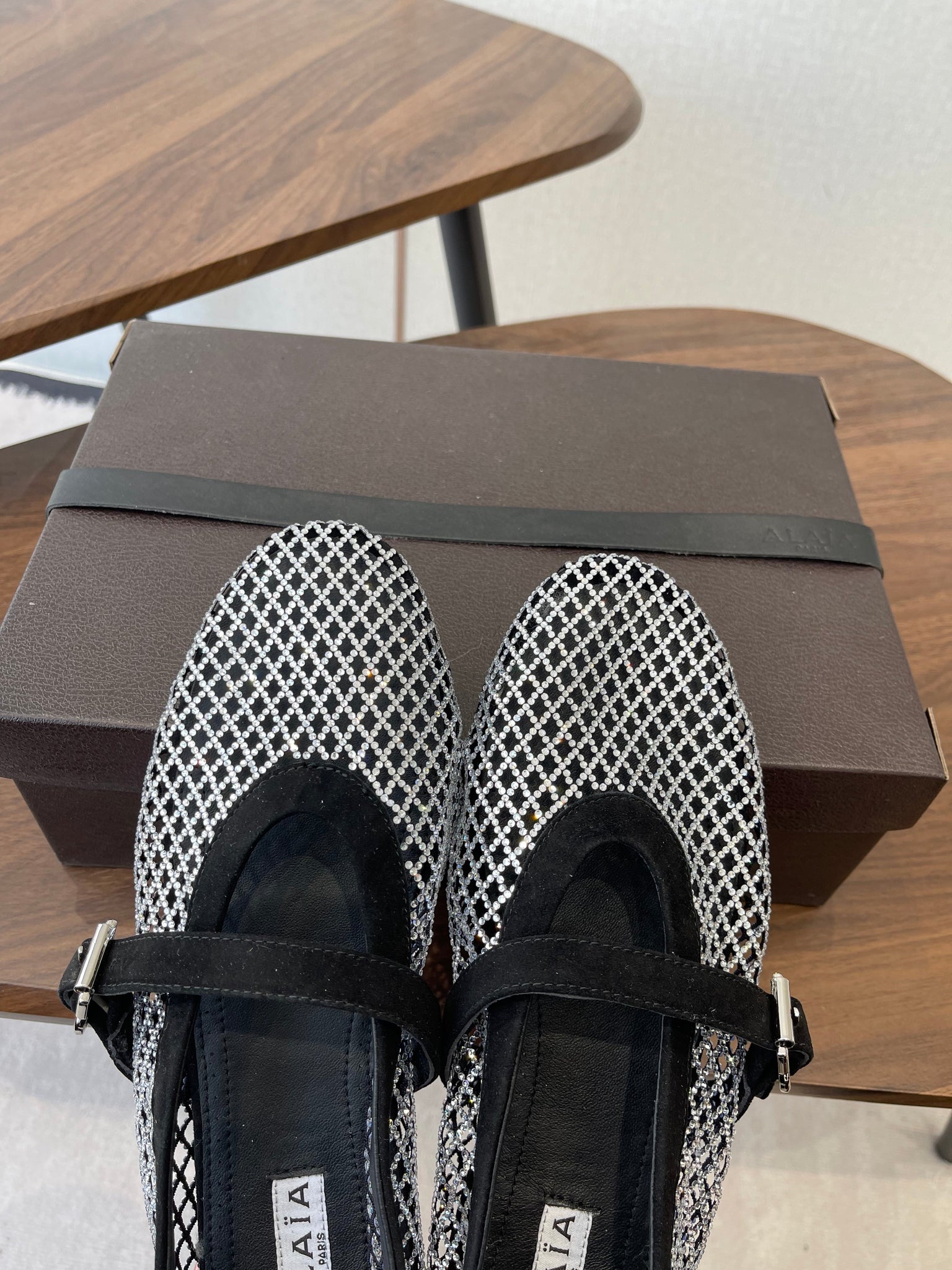 Alaia 26s Mesh Flats In Black Suede And White Rhinestone-Embellished