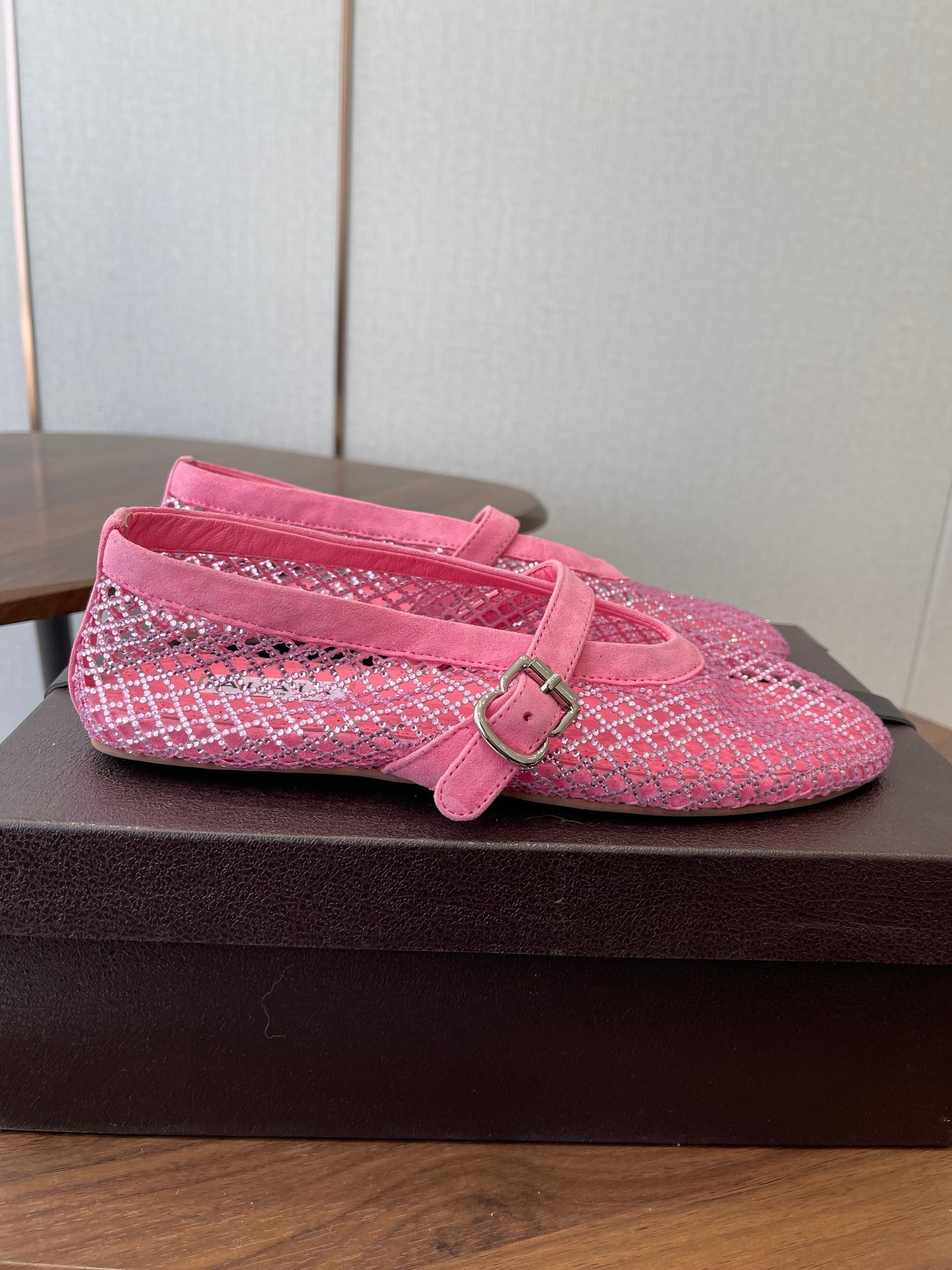 Alaia 26s Mesh Flats In Pink Suede Rhinestone-Embellished