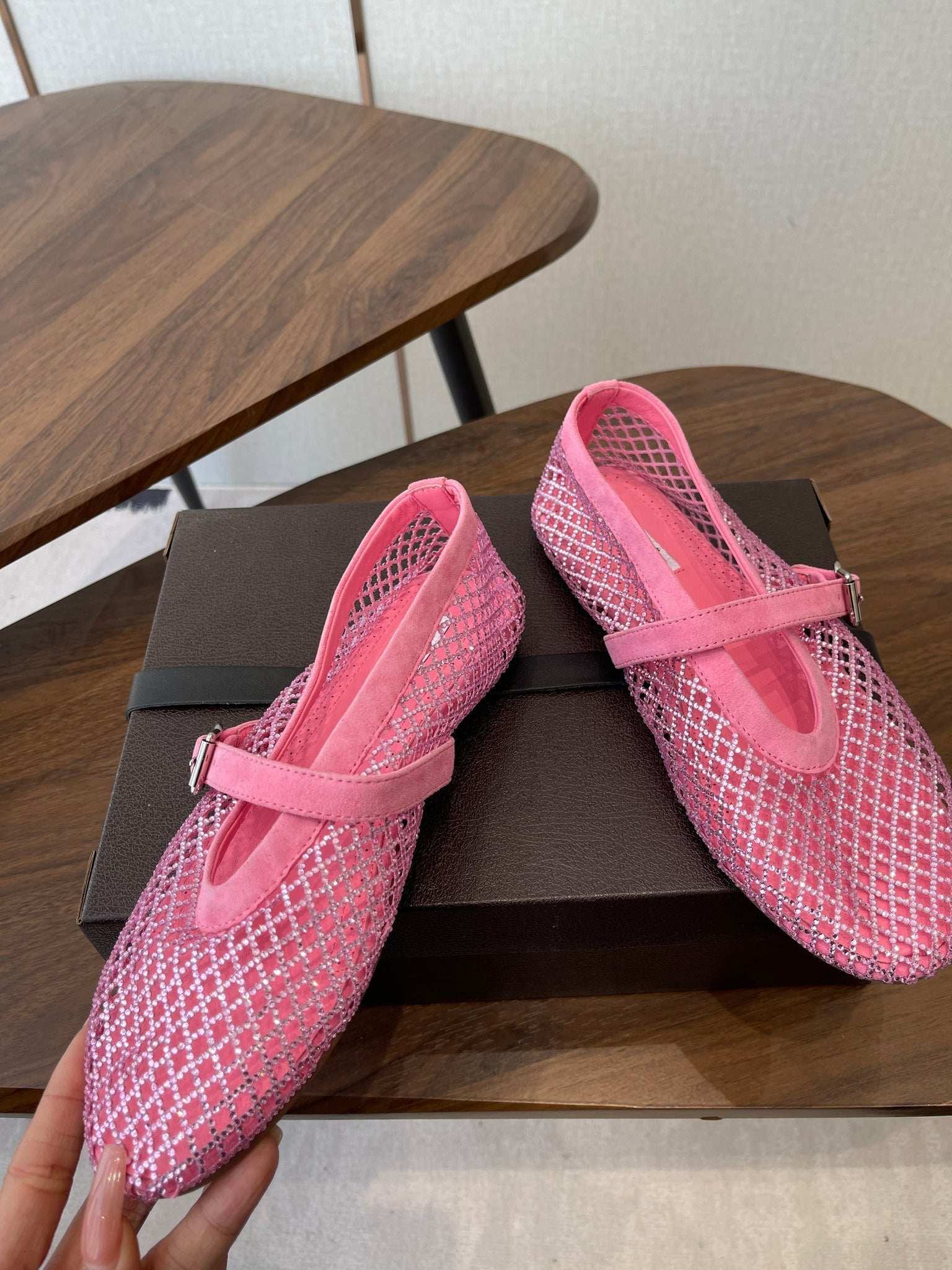 Alaia 26s Mesh Flats In Pink Suede Rhinestone-Embellished
