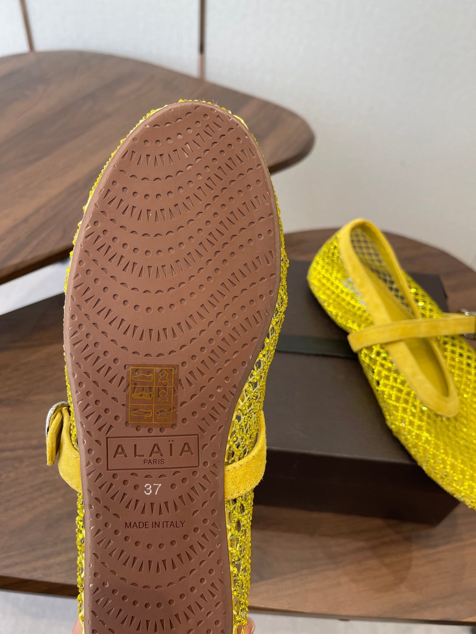 Alaia 26s Mesh Flats In Dark Yellow Suede Rhinestone-Embellished