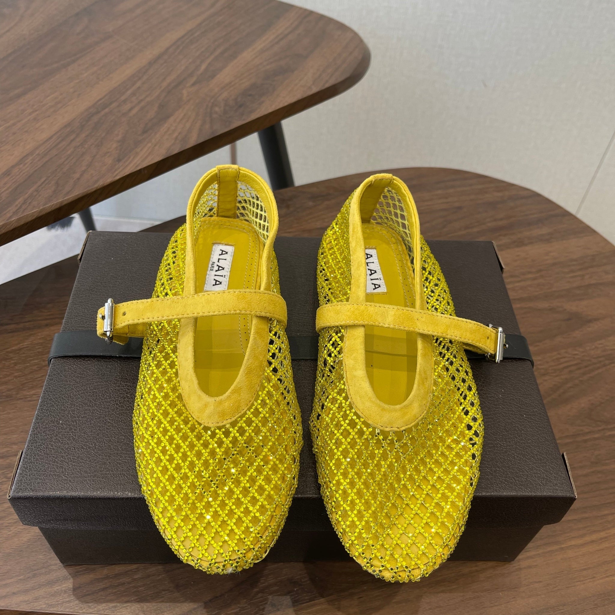 Alaia 26s Mesh Flats In Dark Yellow Suede Rhinestone-Embellished