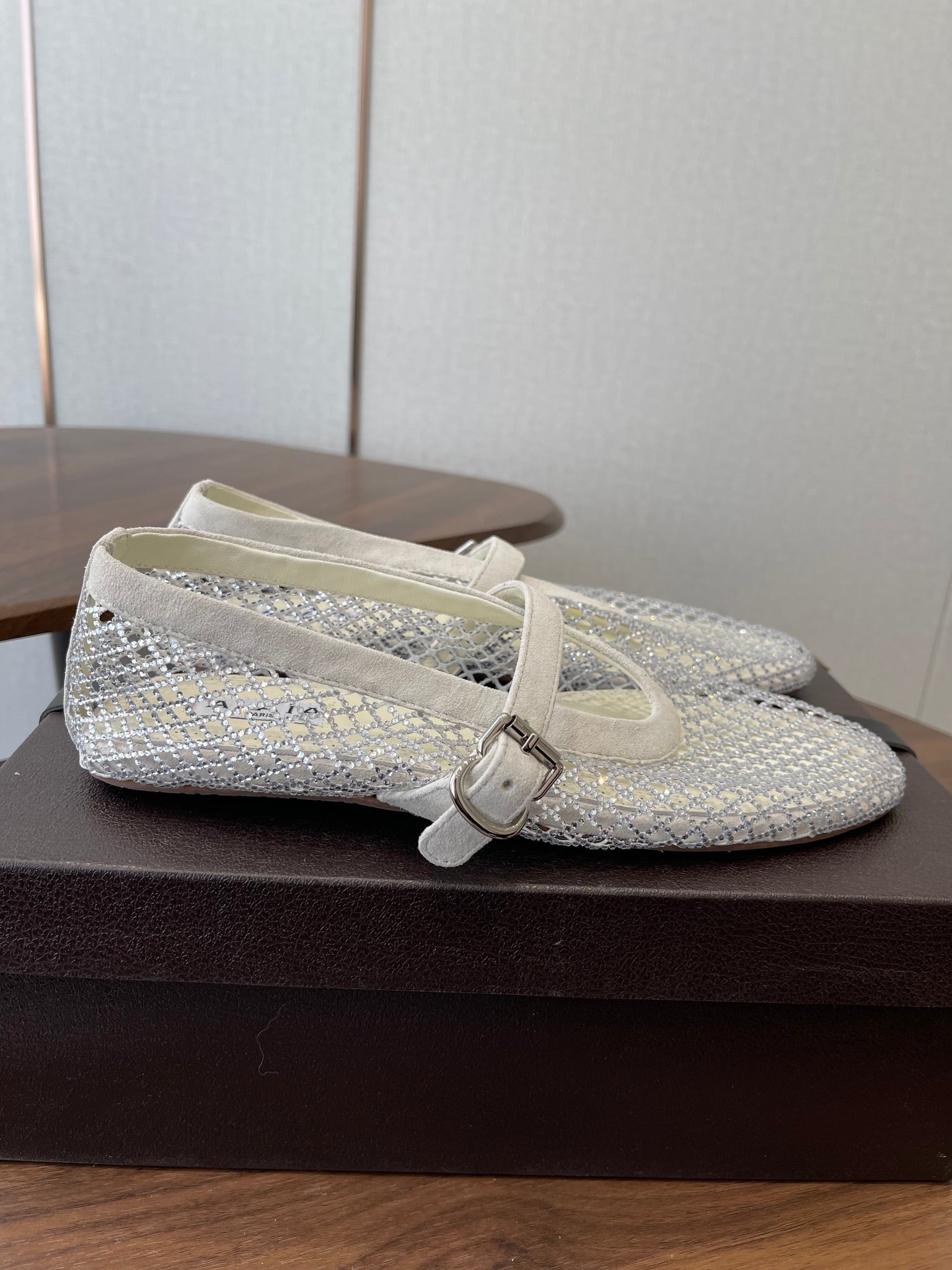 Alaia 26s Mesh Flats In White Suede Rhinestone-Embellished