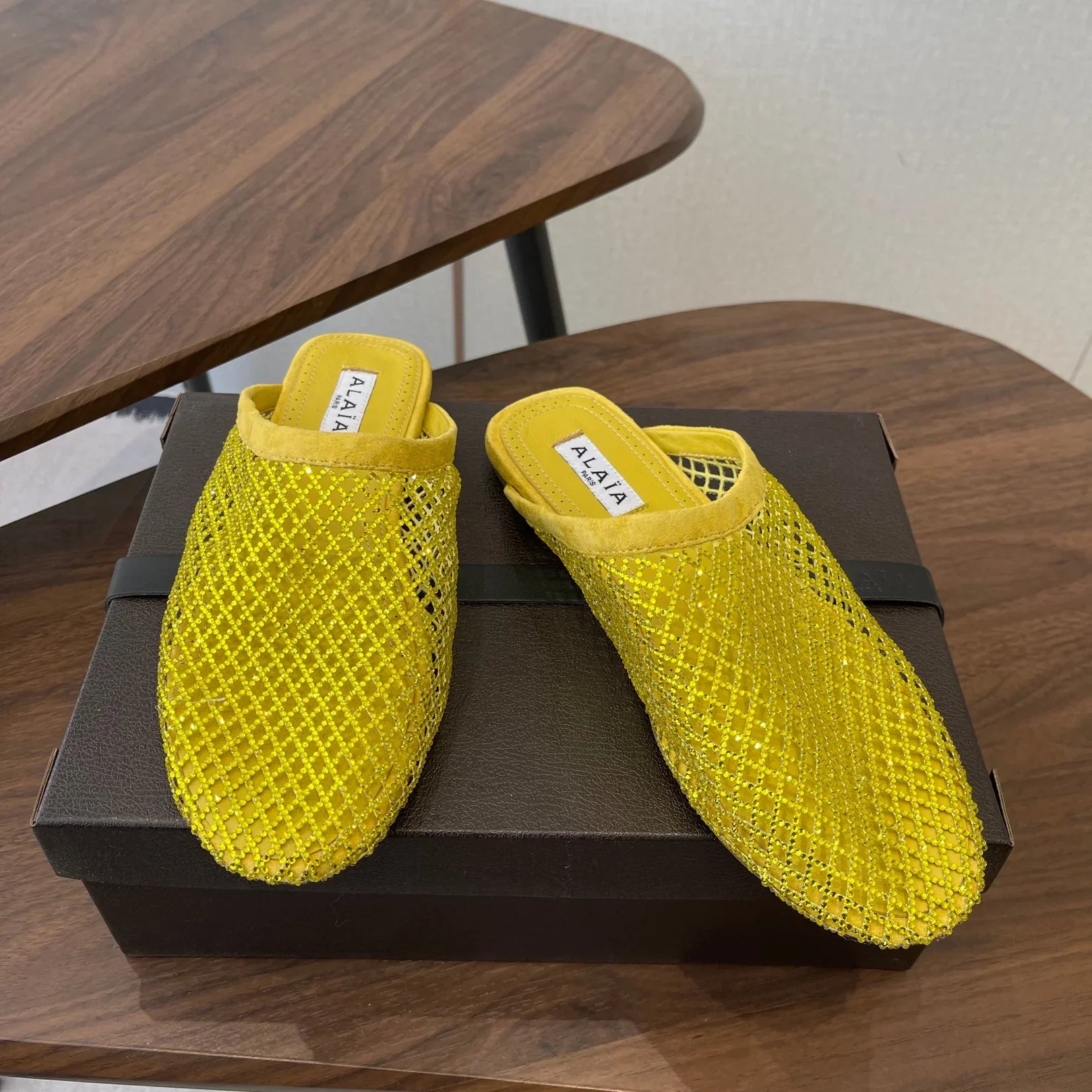 Alaia 26 Half-Slippers Yellow Mesh Rhinestones 624900