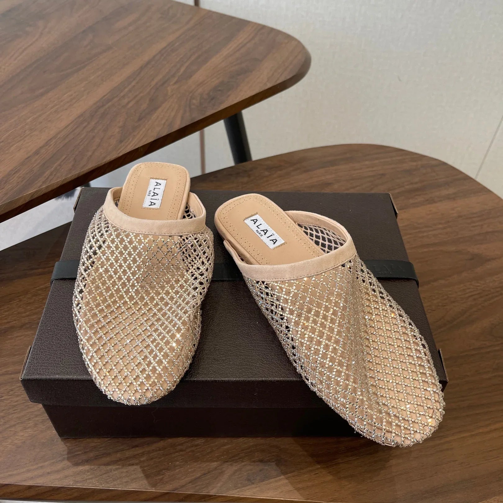 Alaia 26 Half-Slippers Beige Mesh Rhinestones 624901