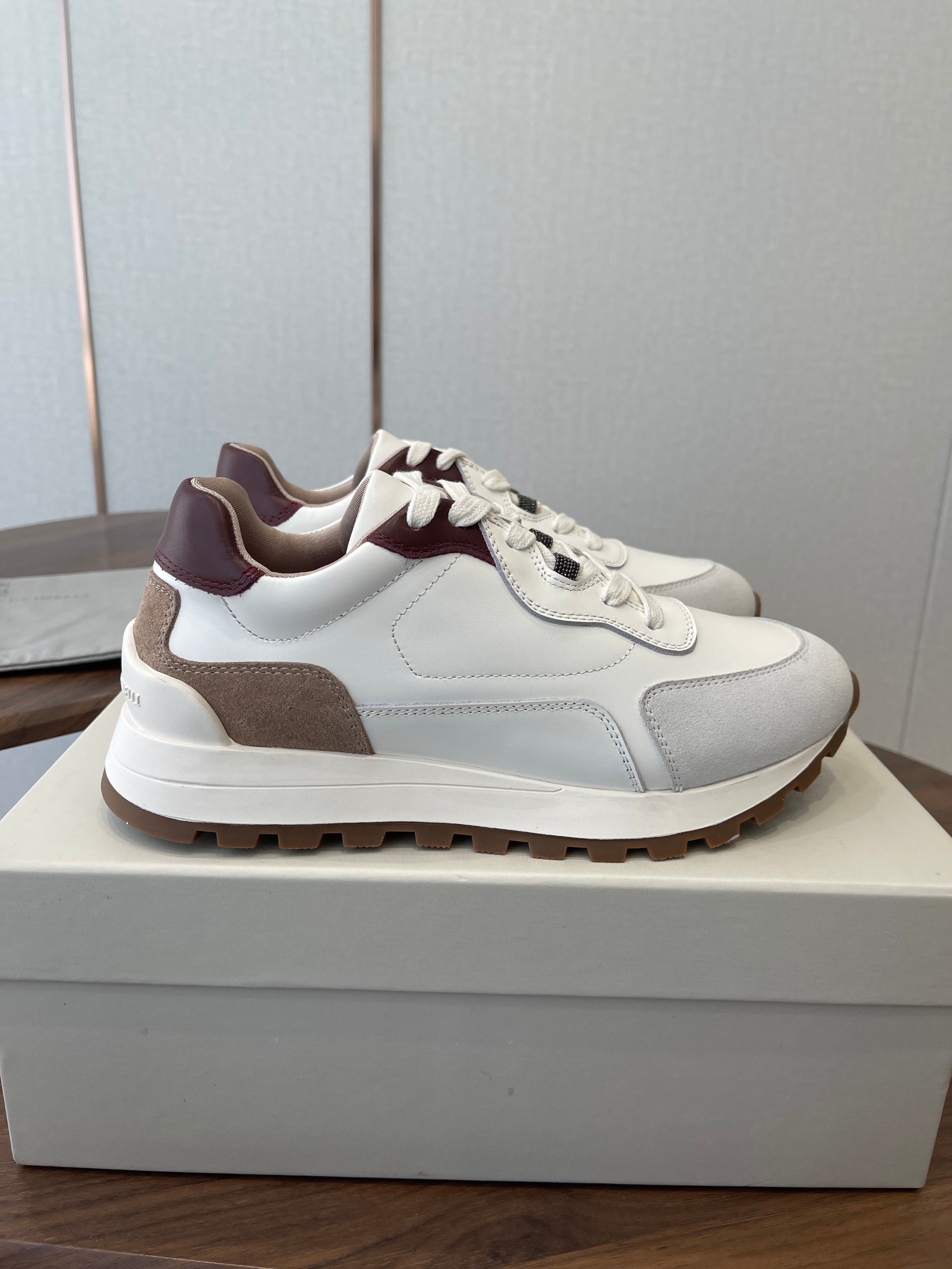 Brunello Runners With Shiny Details White Grey Brown Suede Leather 624480