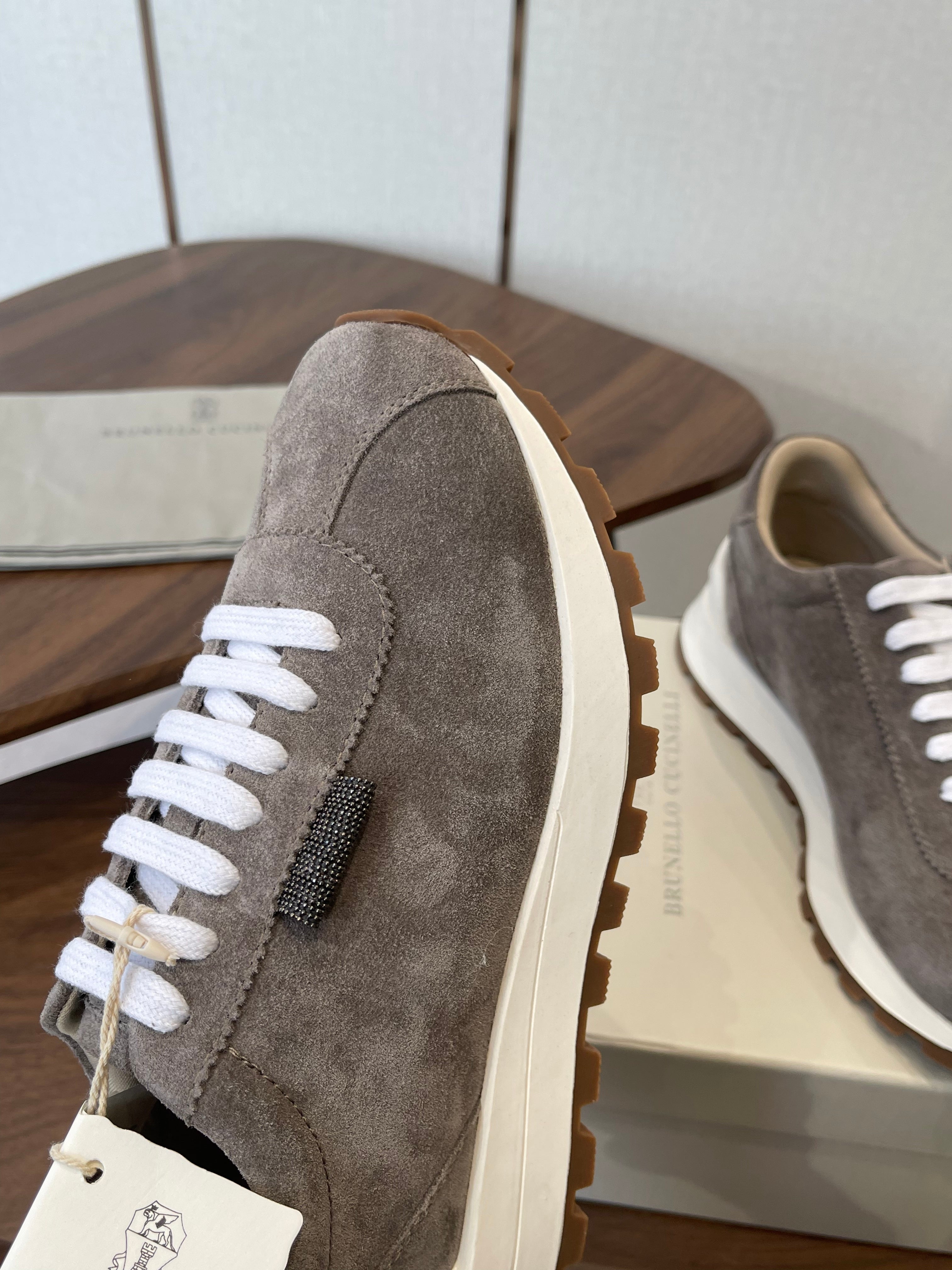 Brunello Runners With Shiny Tab Dark Taupe Suede 624494