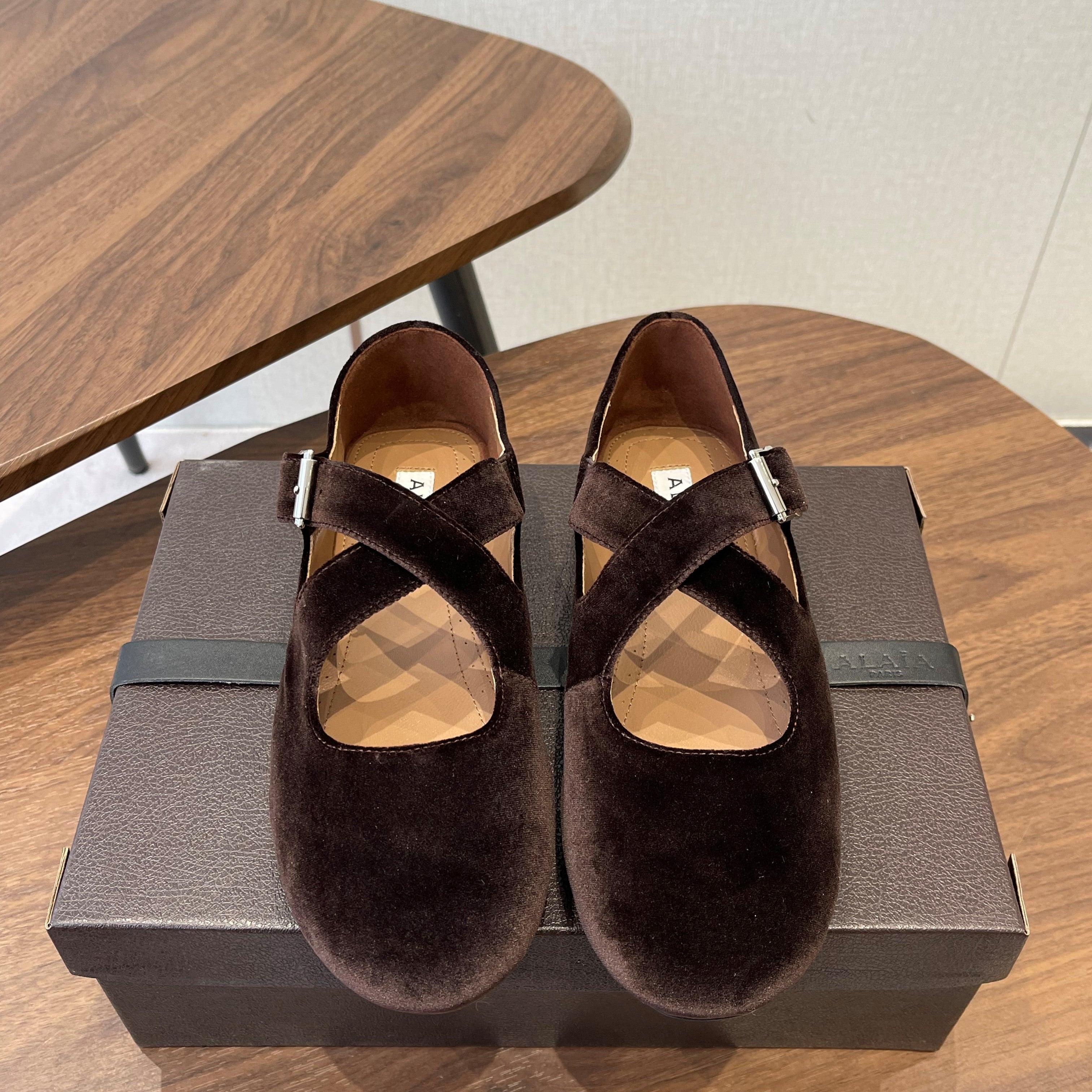 Alaïa Criss Cross Ballet Flat Dark Brown Velvet