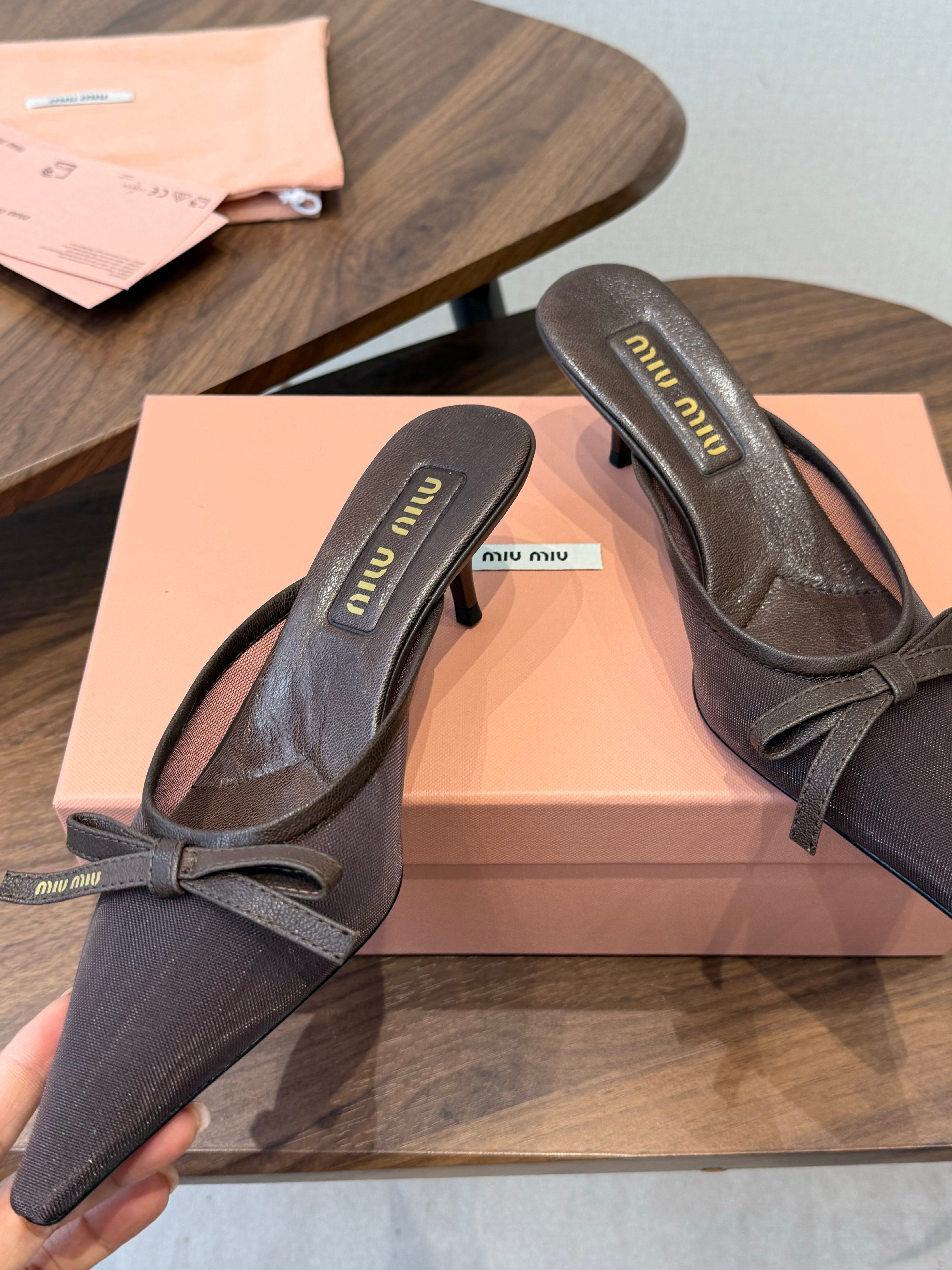 Miu 26s High-Heeled Mules Coffee Cotton 790458