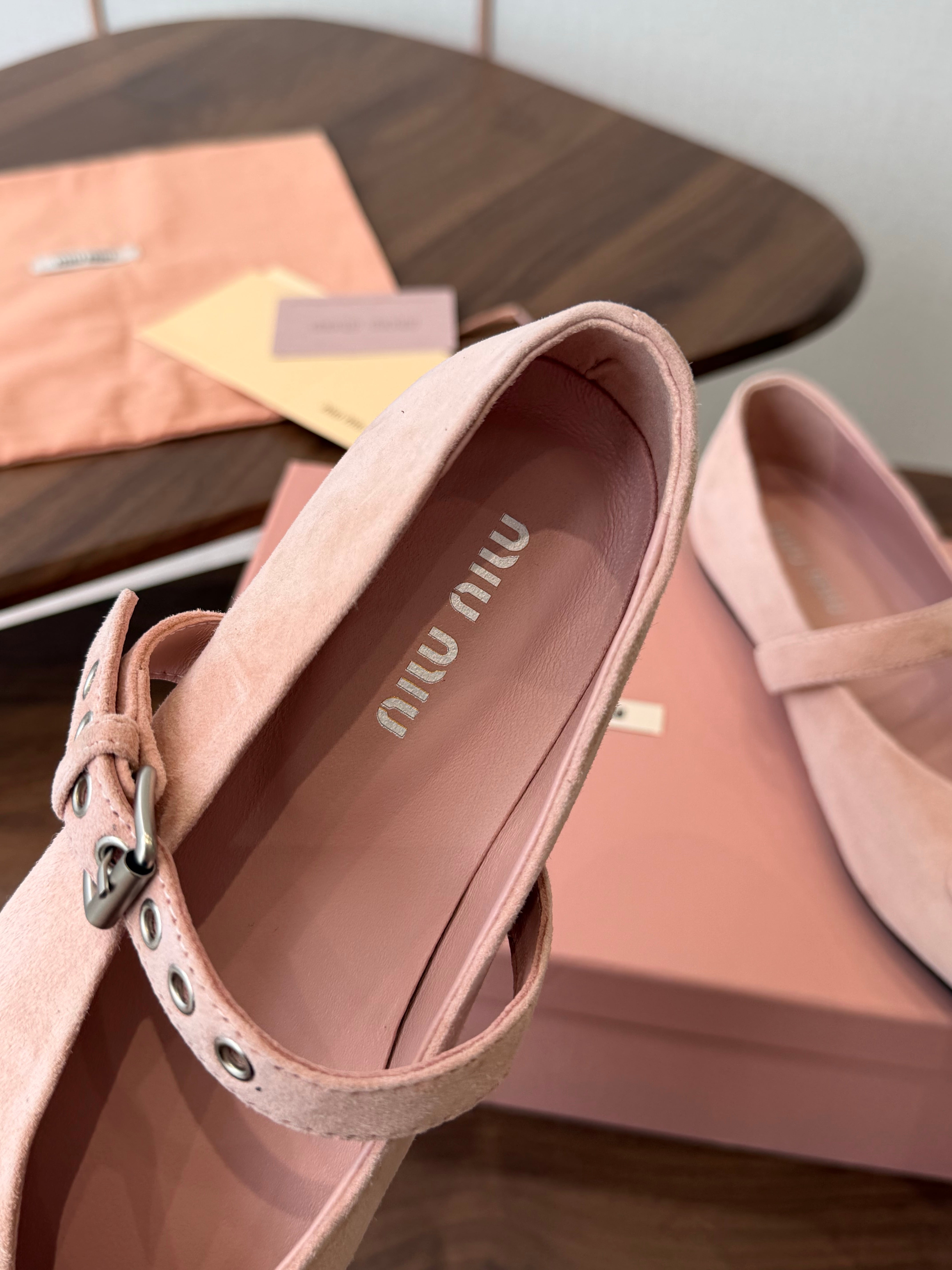 Miu Pointed-Toe Ballerina Flats Light Link Suede 940006