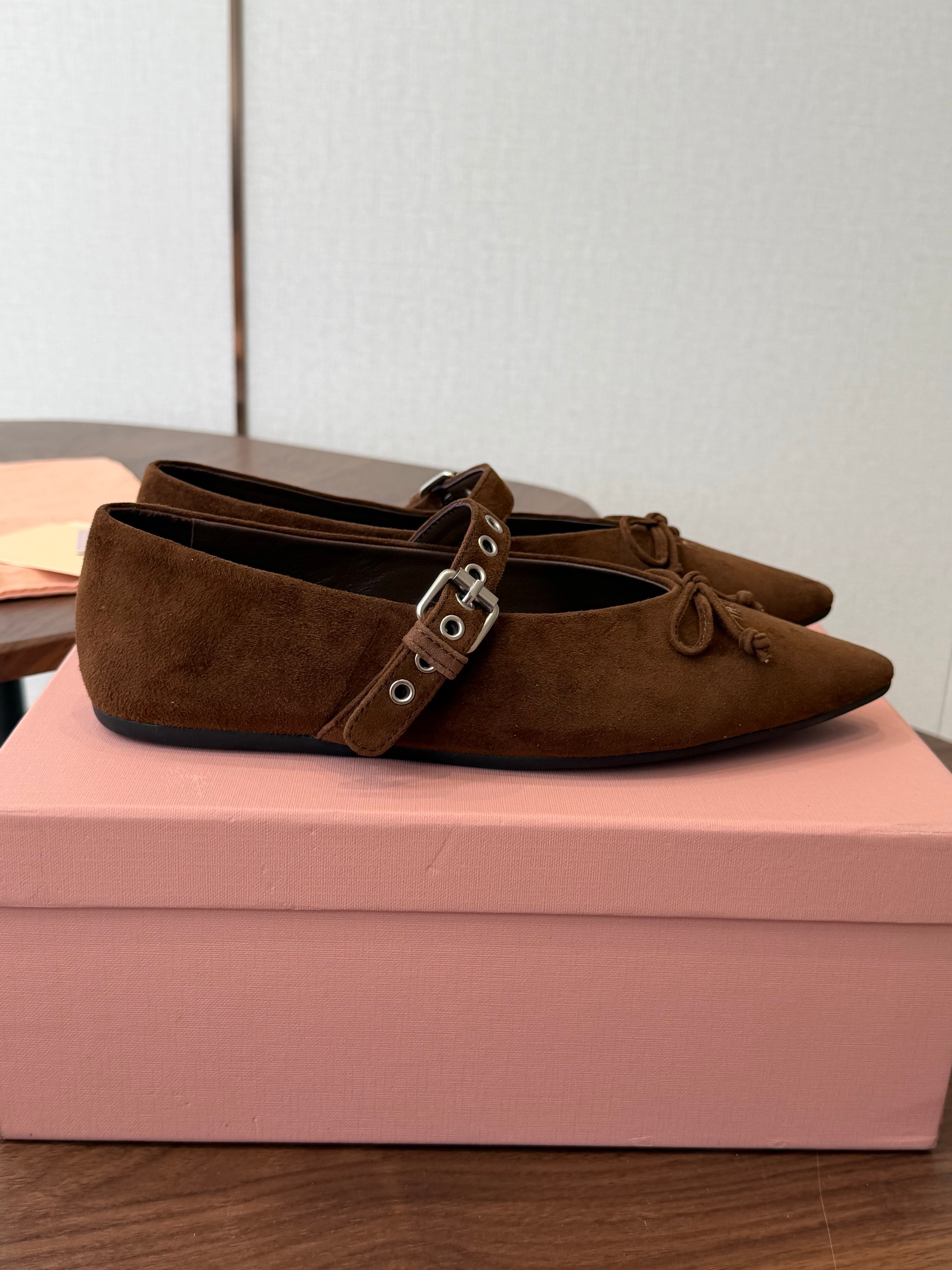 Miu Pointed-Toe Ballerina Flats Coffee Suede 940010