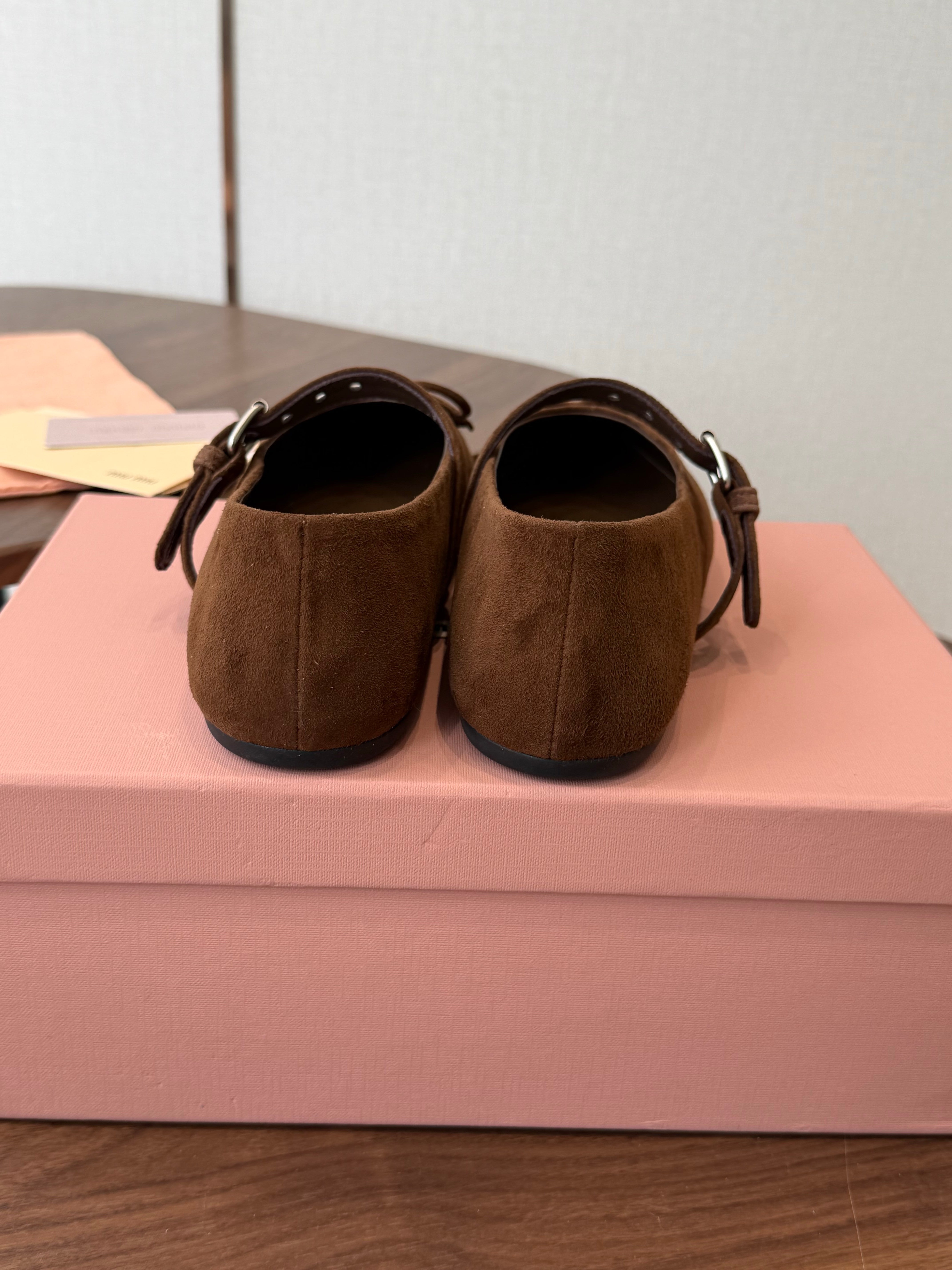Miu Pointed-Toe Ballerina Flats Coffee Suede 940010