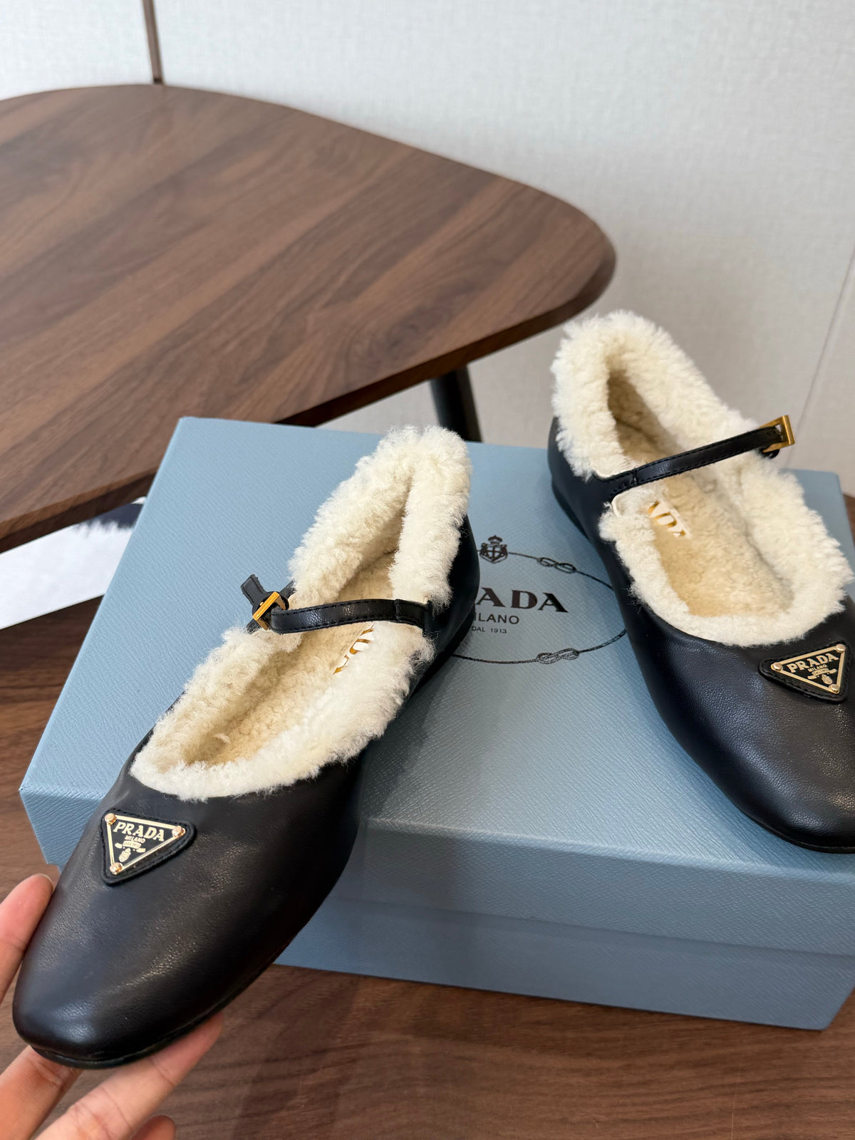 Prada Mary Jane Ballerina Flats Black Leather Shearling 158581