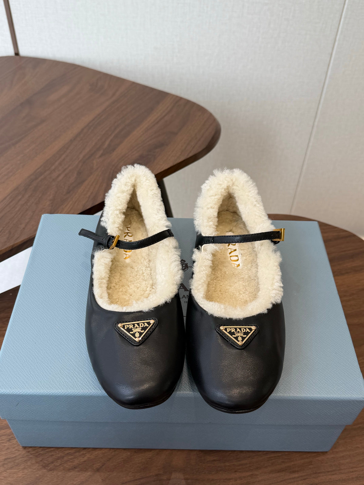 Prada Mary Jane Ballerina Flats Black Leather Shearling 158581