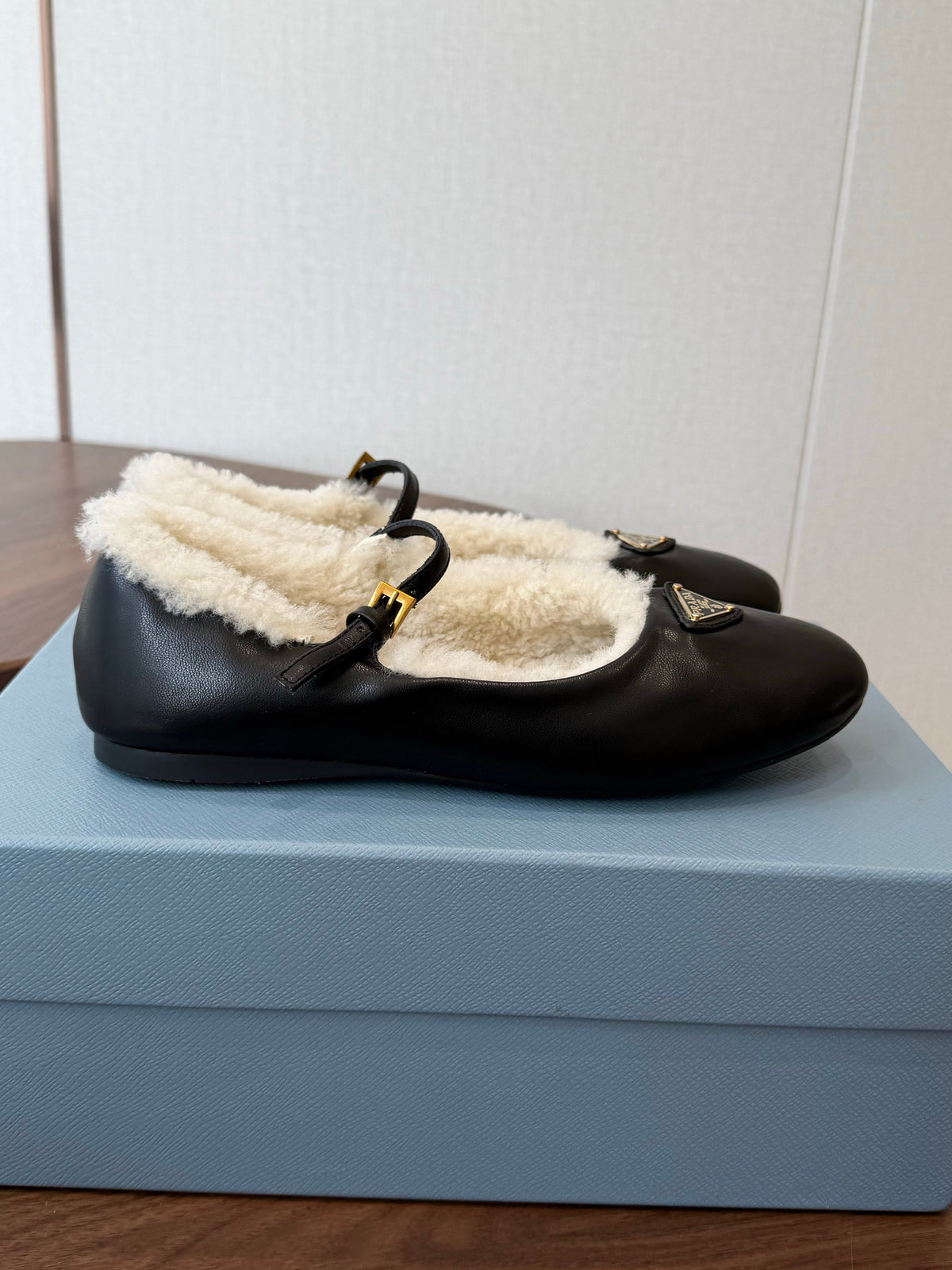 Prada Mary Jane Ballerina Flats Black Leather Shearling 158581