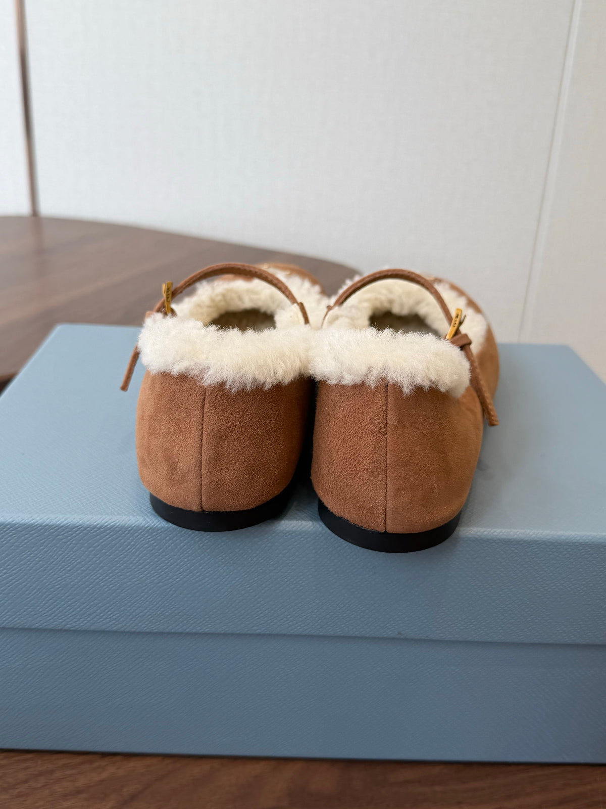 Prada Mary Jane Ballerina Flats Beige Suede Shearling 158582