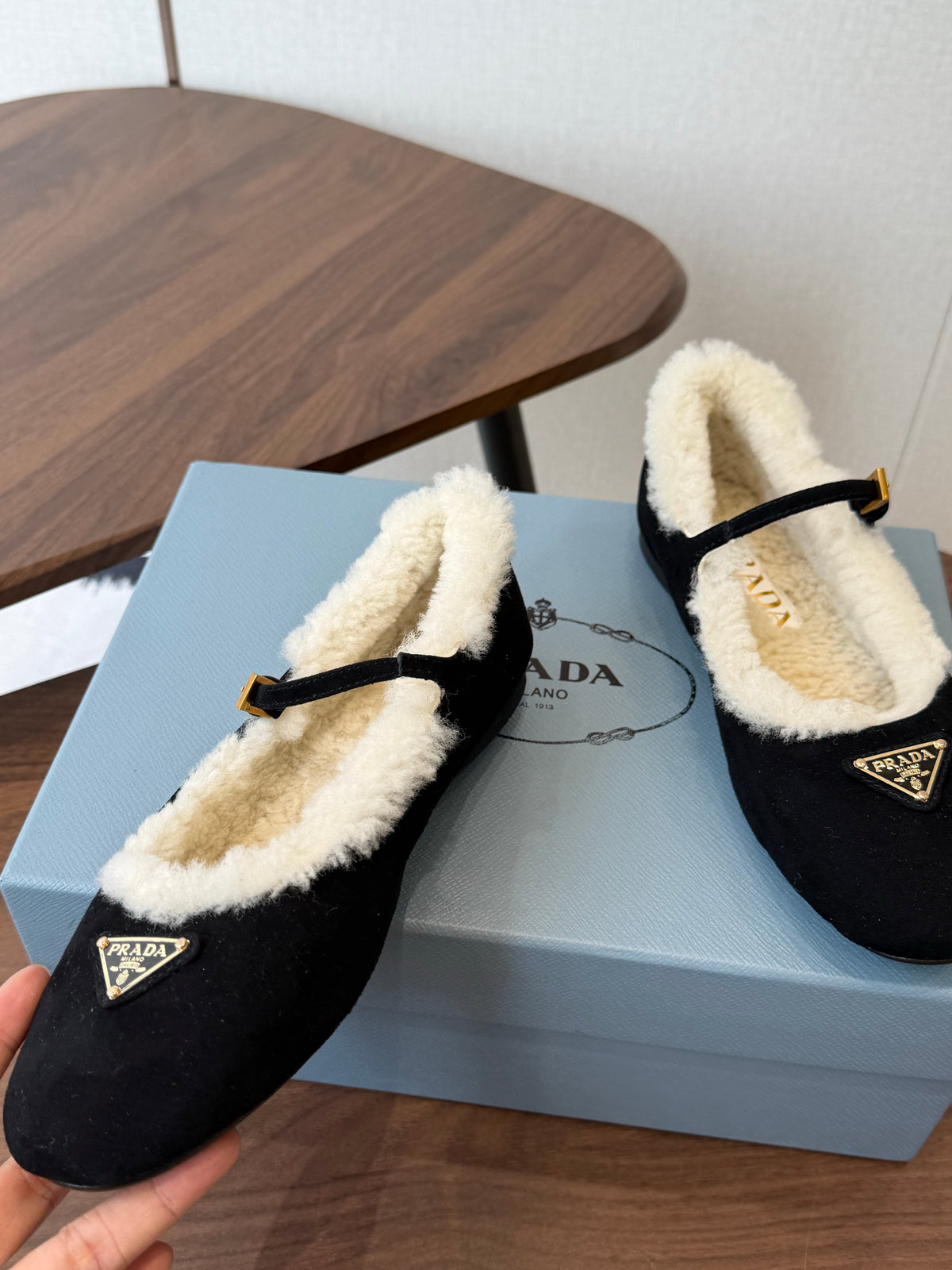 Prada Mary Jane Ballerina Flats Black Suede Shearling 158583