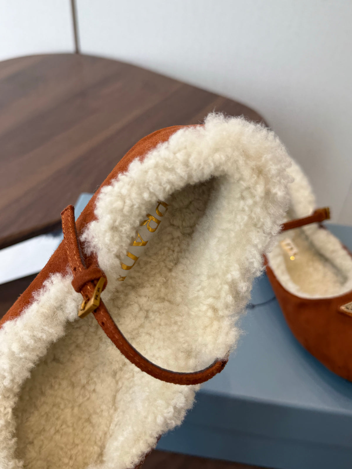 Prada Mary Jane Ballerina Flats Brown Suede Shearling 158584