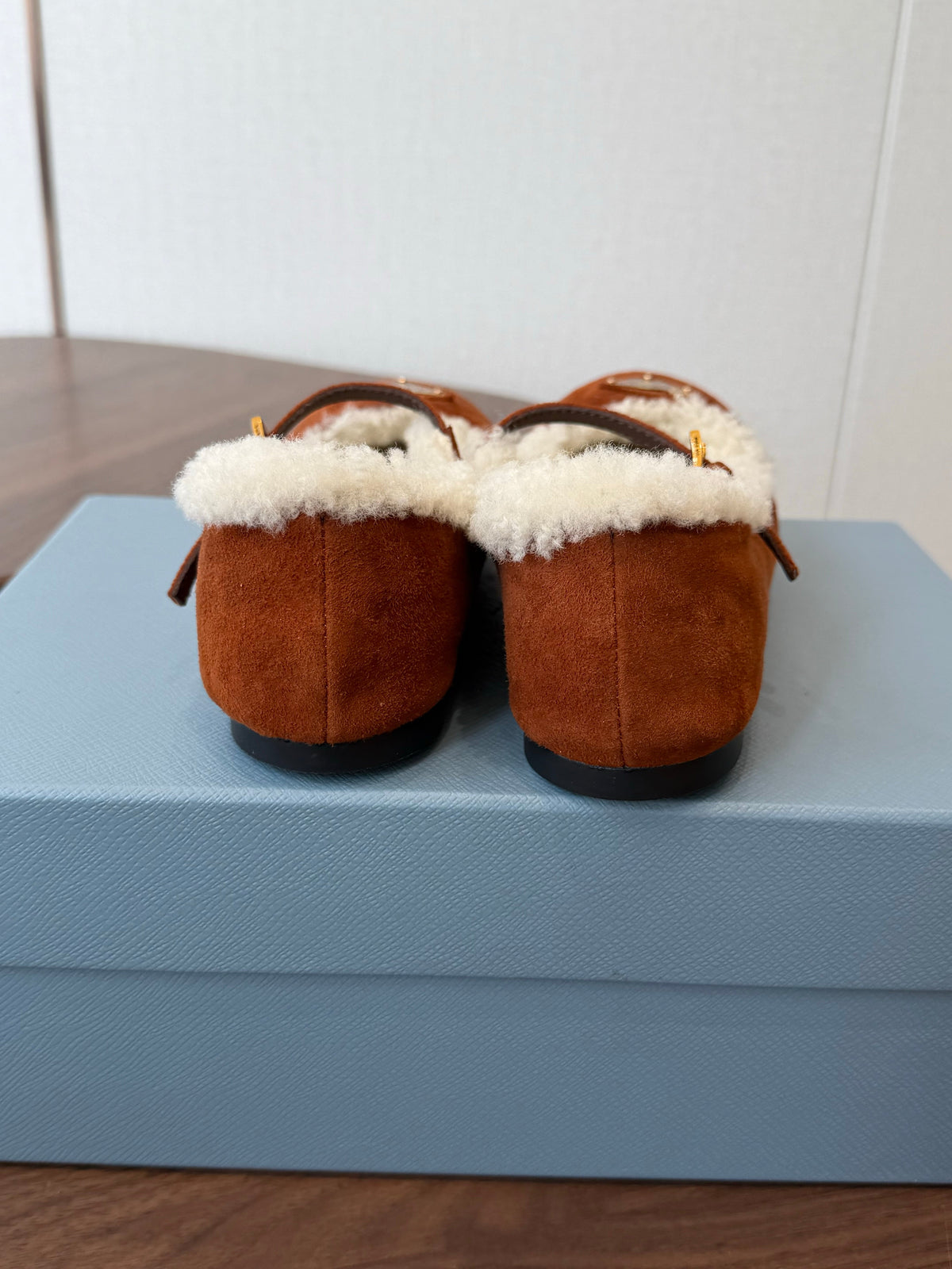 Prada Mary Jane Ballerina Flats Brown Suede Shearling 158584