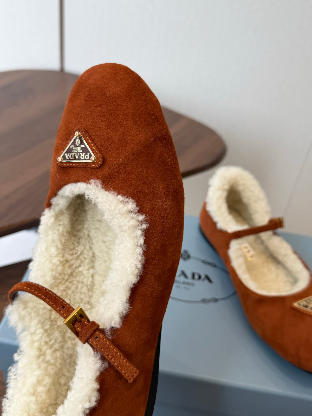 Prada Mary Jane Ballerina Flats Brown Suede Shearling 158584