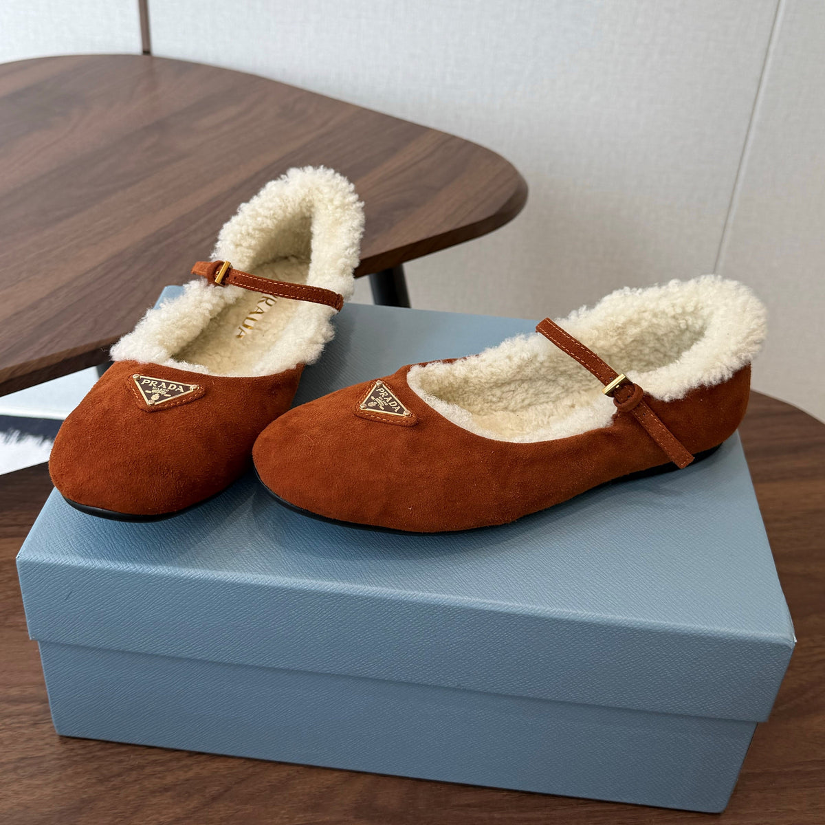 Prada Mary Jane Ballerina Flats Brown Suede Shearling 158584