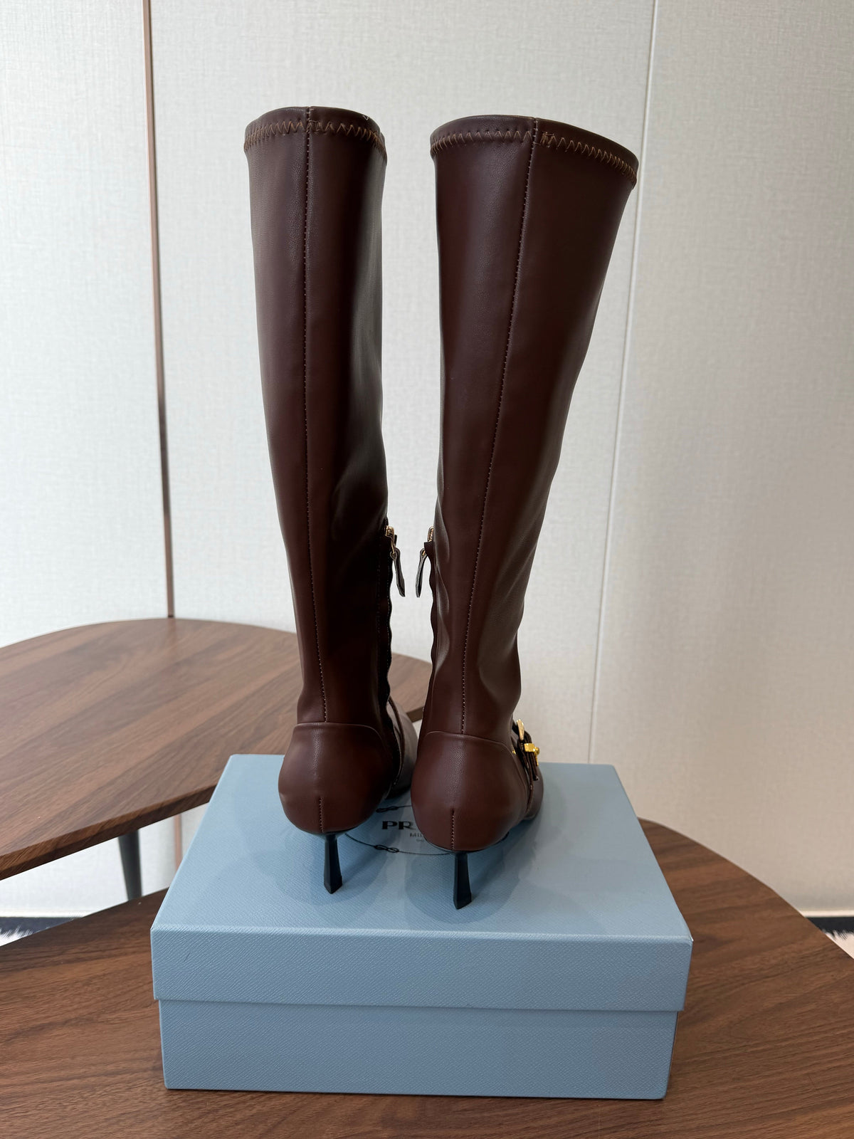 Prada Pointed-Toe Kitten-Heel Knee-High Boots Brown Leather 158585