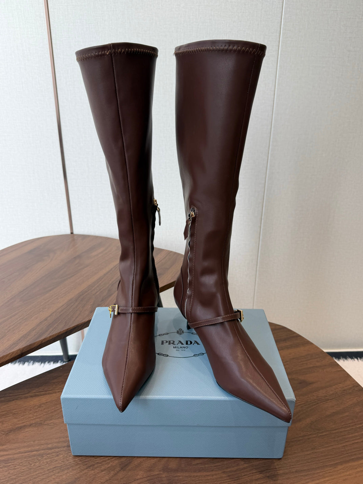Prada Pointed-Toe Kitten-Heel Knee-High Boots Brown Leather 158585