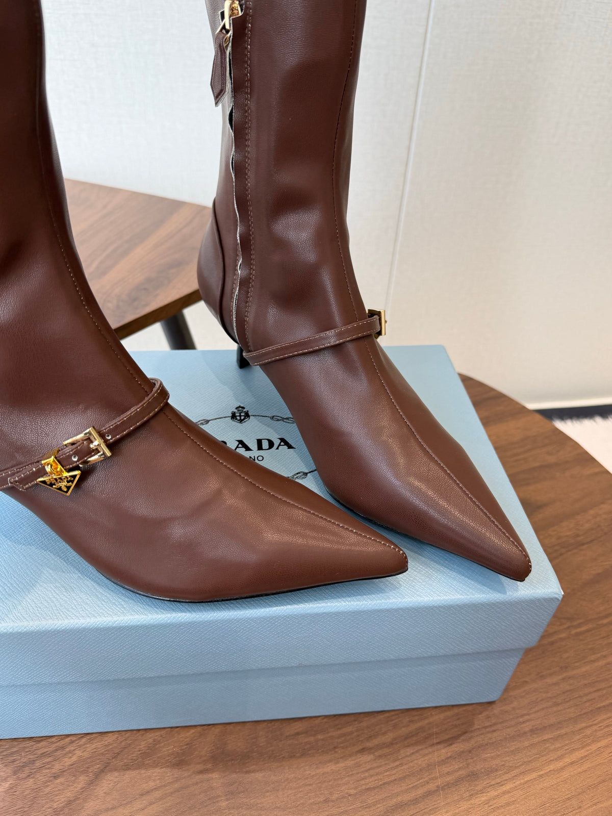 Prada Pointed-Toe Kitten-Heel Knee-High Boots Brown Leather 158585
