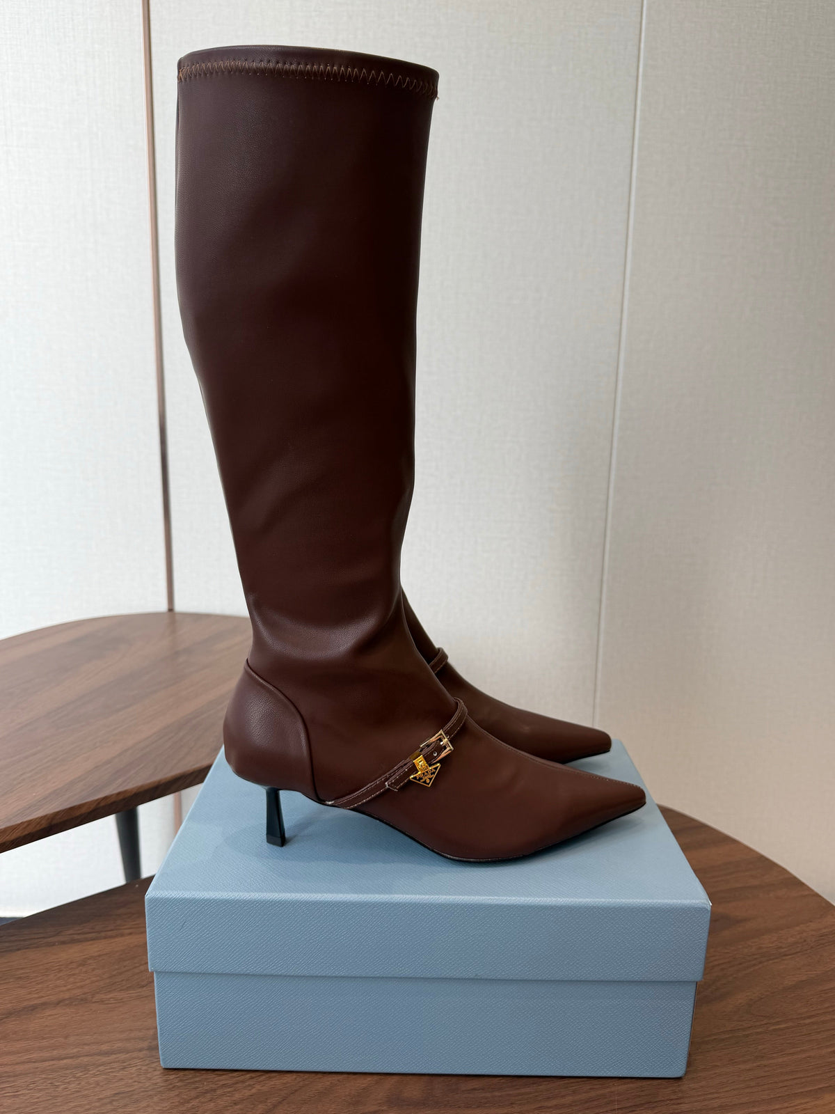 Prada Pointed-Toe Kitten-Heel Knee-High Boots Brown Leather 158585