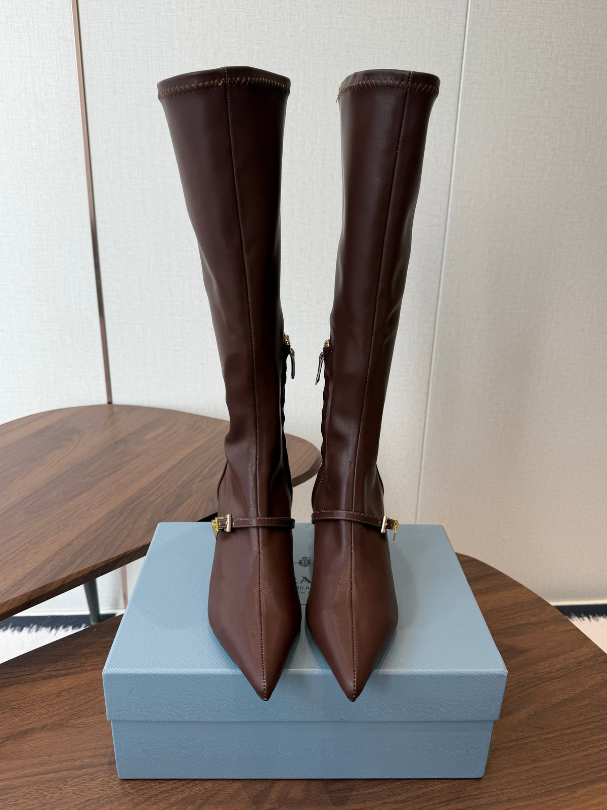 Prada Pointed-Toe Kitten-Heel Knee-High Boots Brown Leather 158585