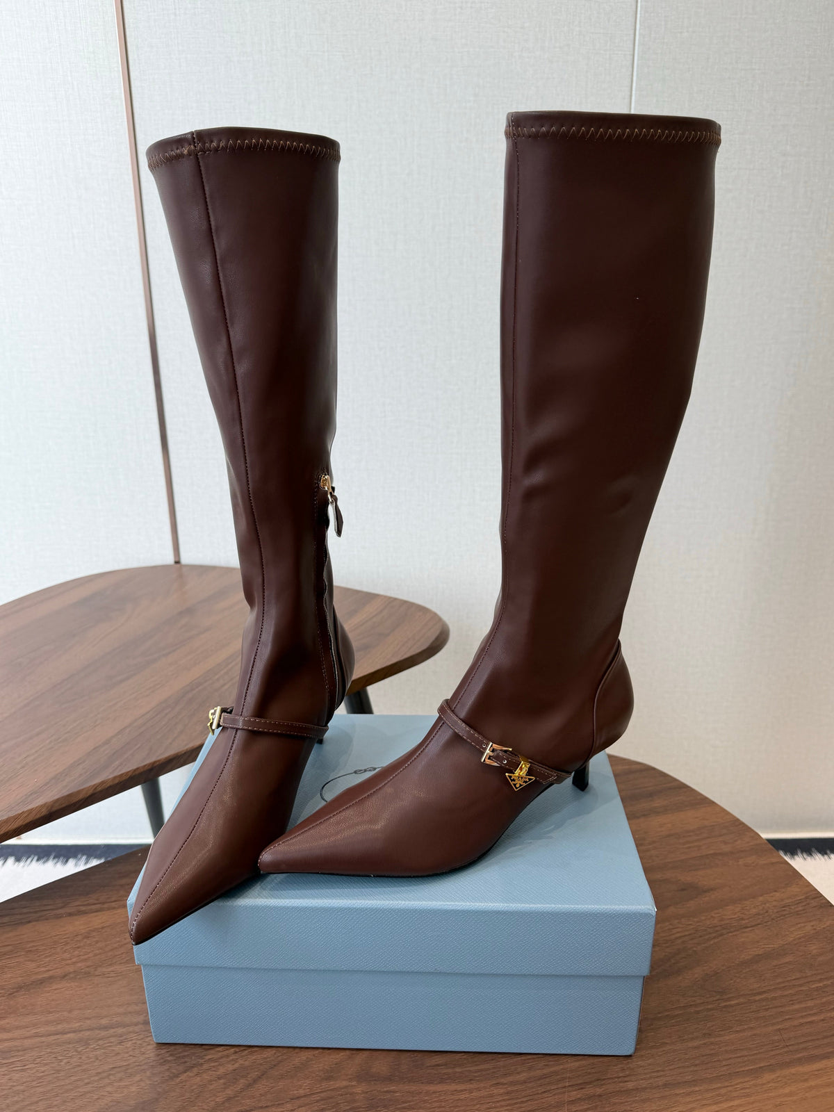 Prada Pointed-Toe Kitten-Heel Knee-High Boots Brown Leather 158585
