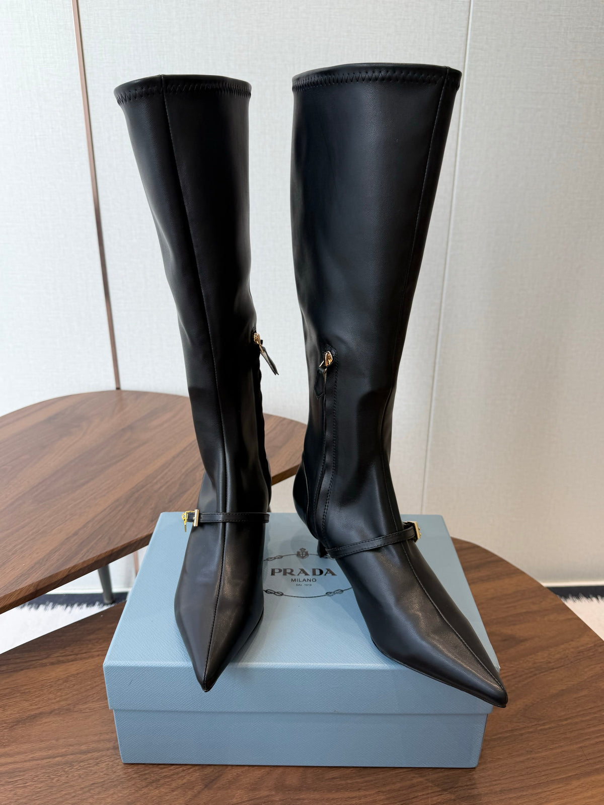Prada Pointed-Toe Kitten-Heel Knee-High Boots Black Leather 158586