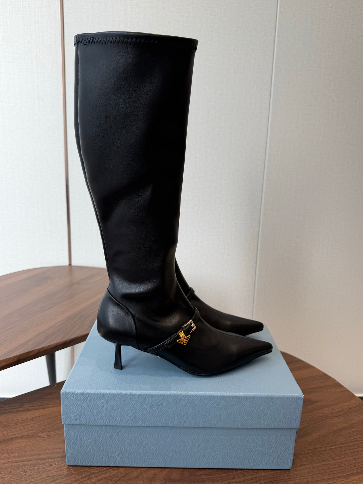 Prada Pointed-Toe Kitten-Heel Knee-High Boots Black Leather 158586