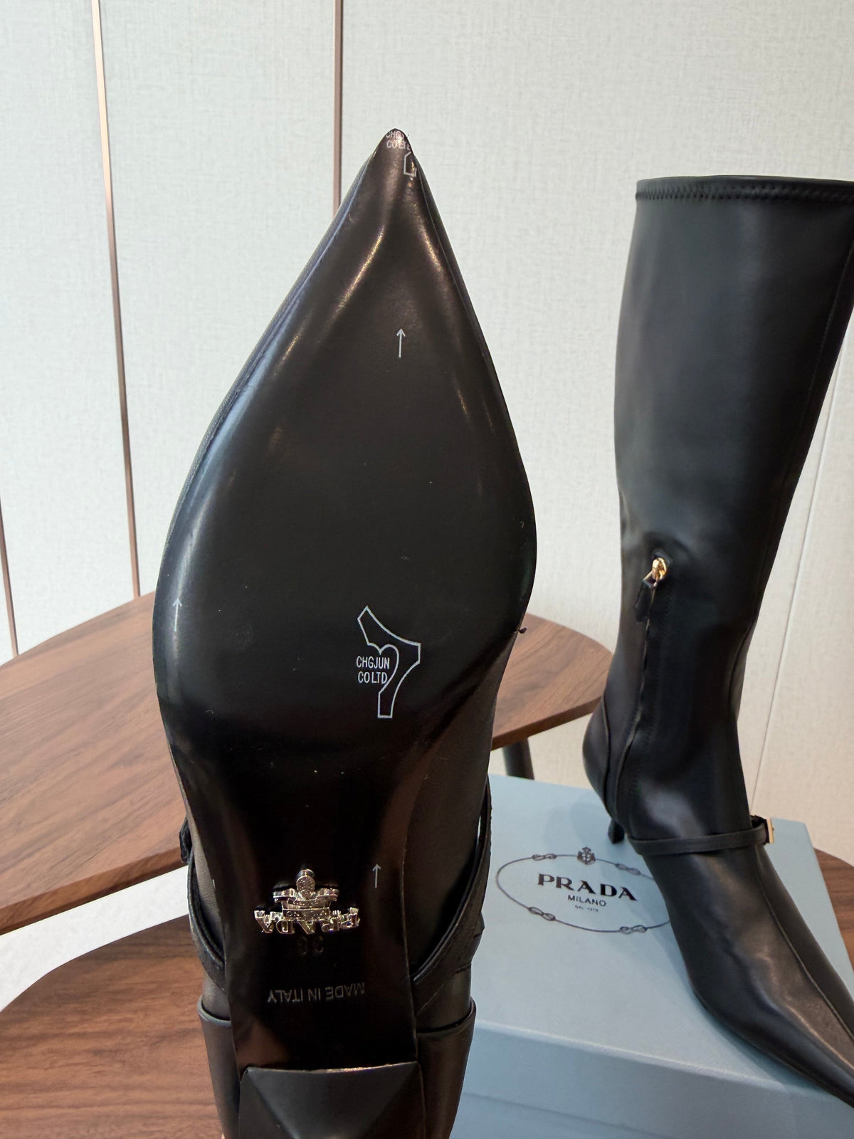 Prada Pointed-Toe Kitten-Heel Knee-High Boots Black Leather 158586
