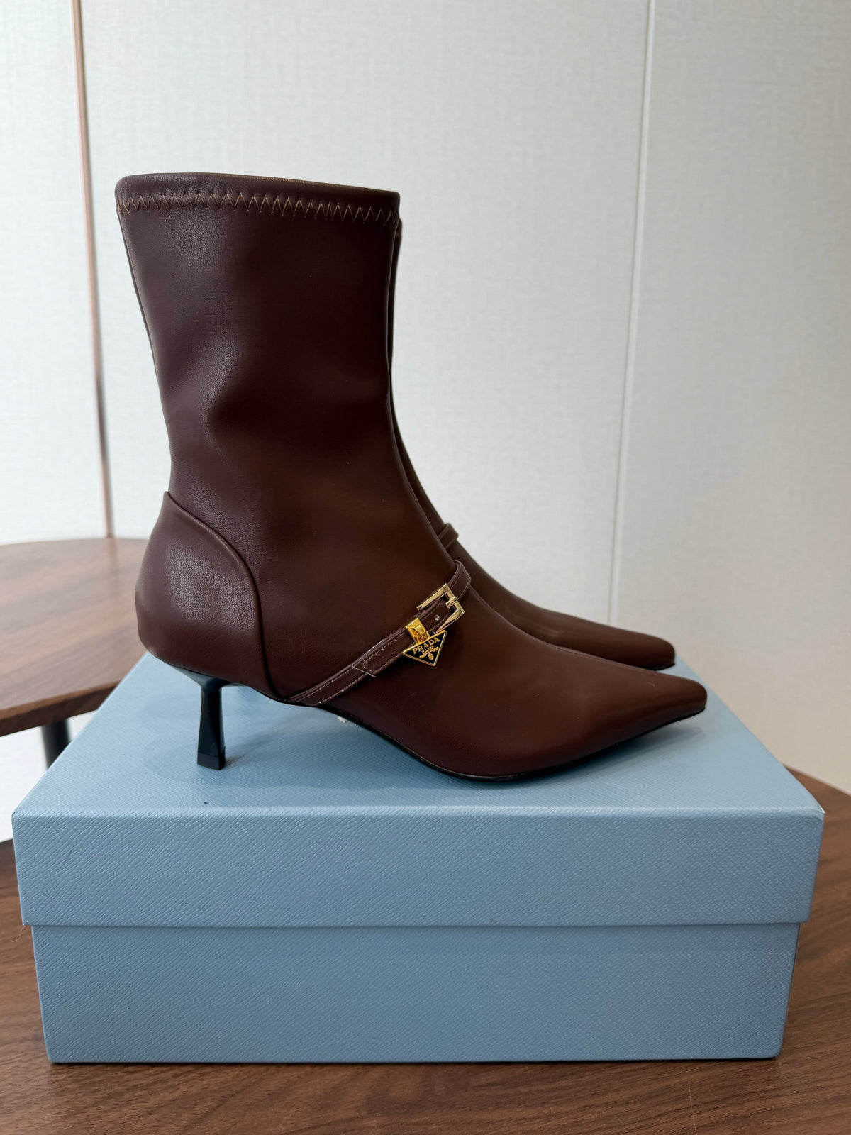 Prada Pointed-Toe Kitten-Heel Boots Brown Leather 158588