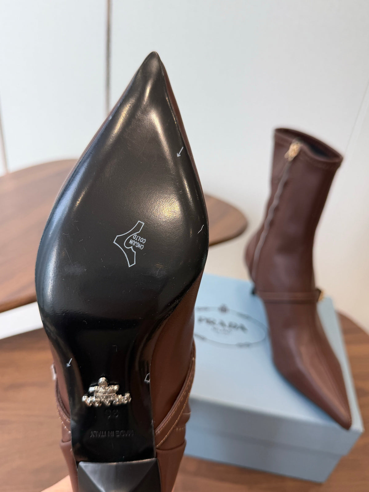 Prada Pointed-Toe Kitten-Heel Boots Brown Leather 158588